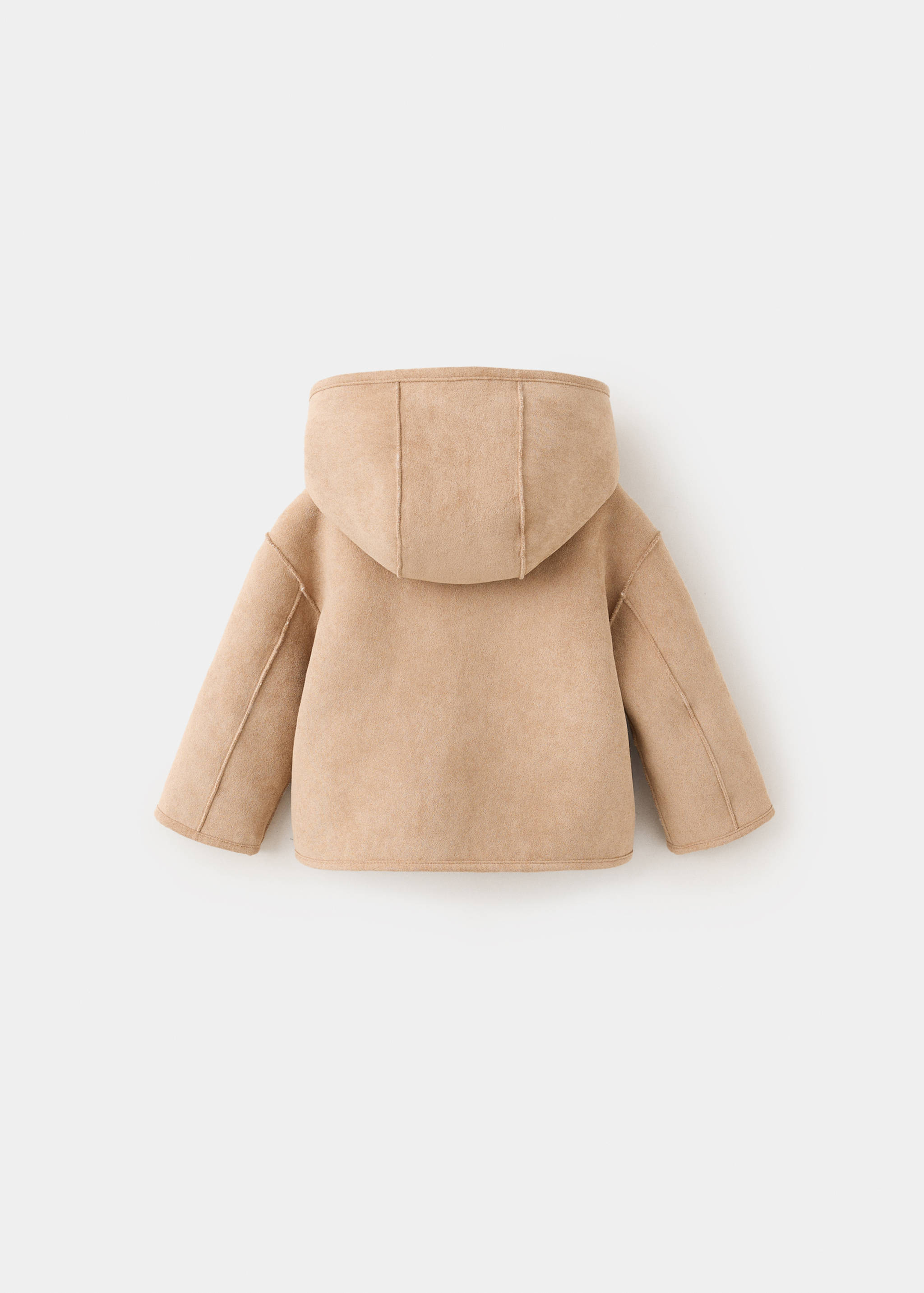 Back view of a beige kids' hooded coat with suede-effect finish.