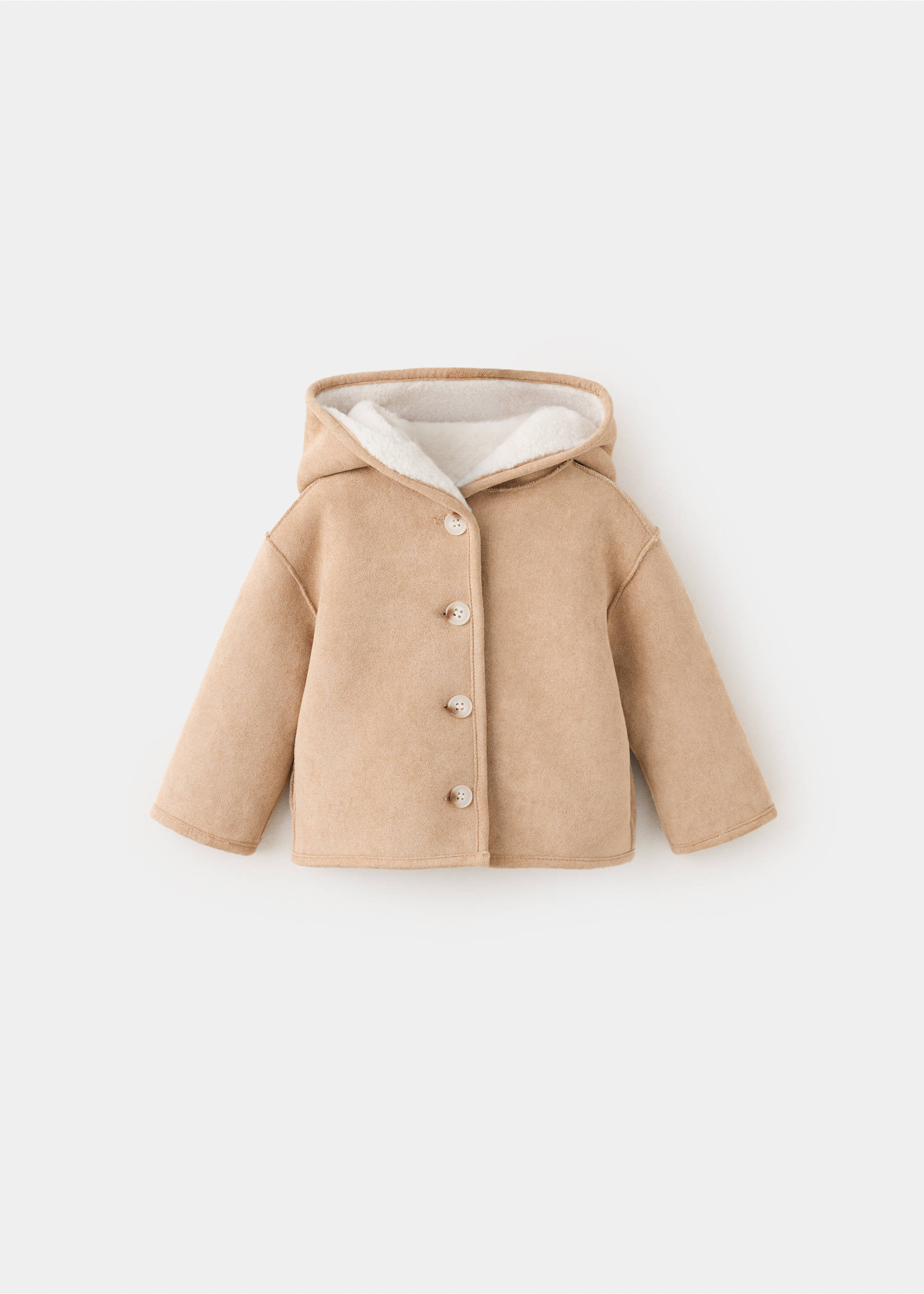 Camel brown children's hooded coat with faux-shearling lining and button fastening., Medium Brown. Ref: 37017929-00.