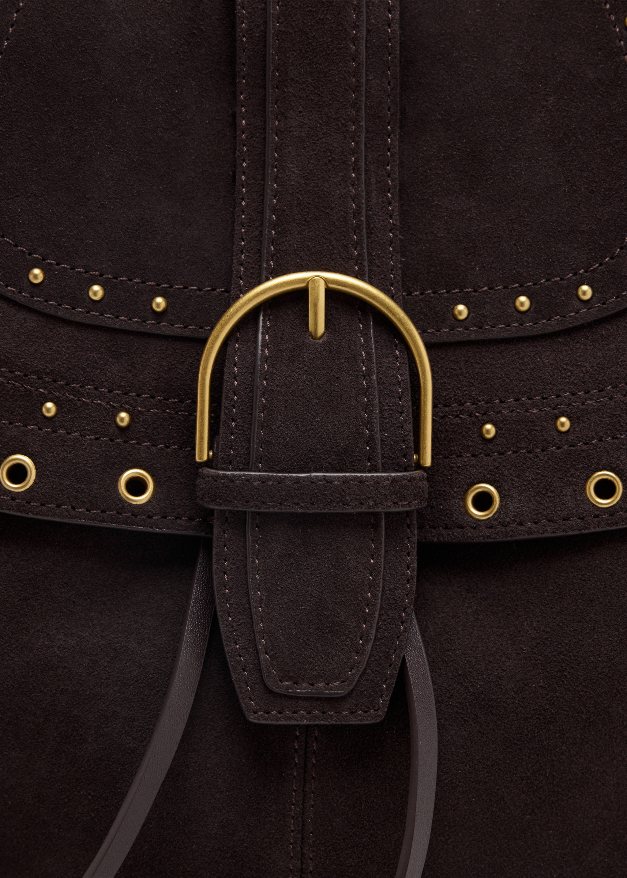 Close-up of a dark brown suede shoulder bag with a gold buckle and stud details., Chocolate. Ref: 37017936-00.