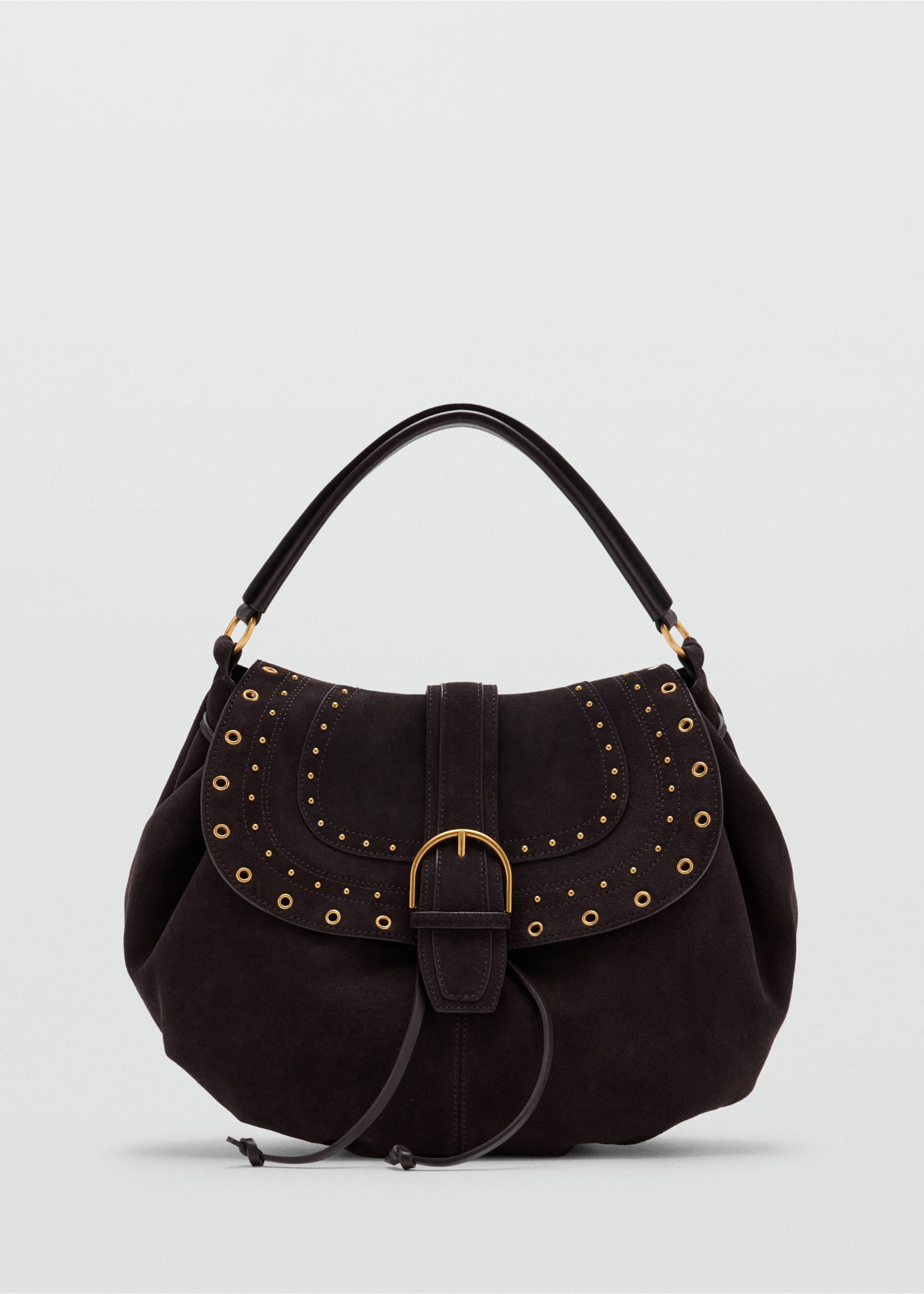 Dark brown suede shoulder bag with gold-toned studded flap, central buckle, and short strap., Chocolate. Ref: 37017936-00.