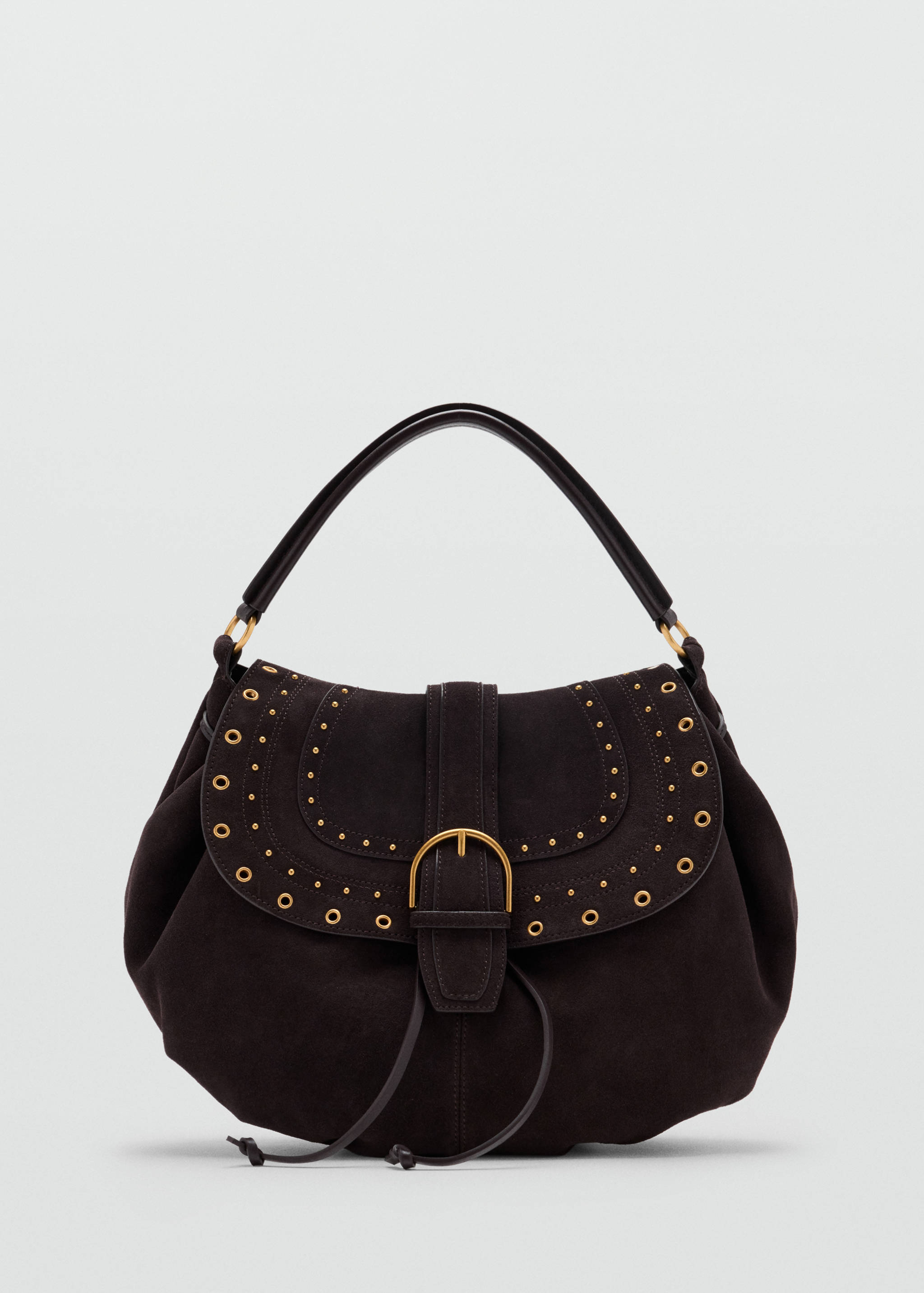 Dark brown suede shoulder bag with gold-toned studded flap, central buckle, and short strap.