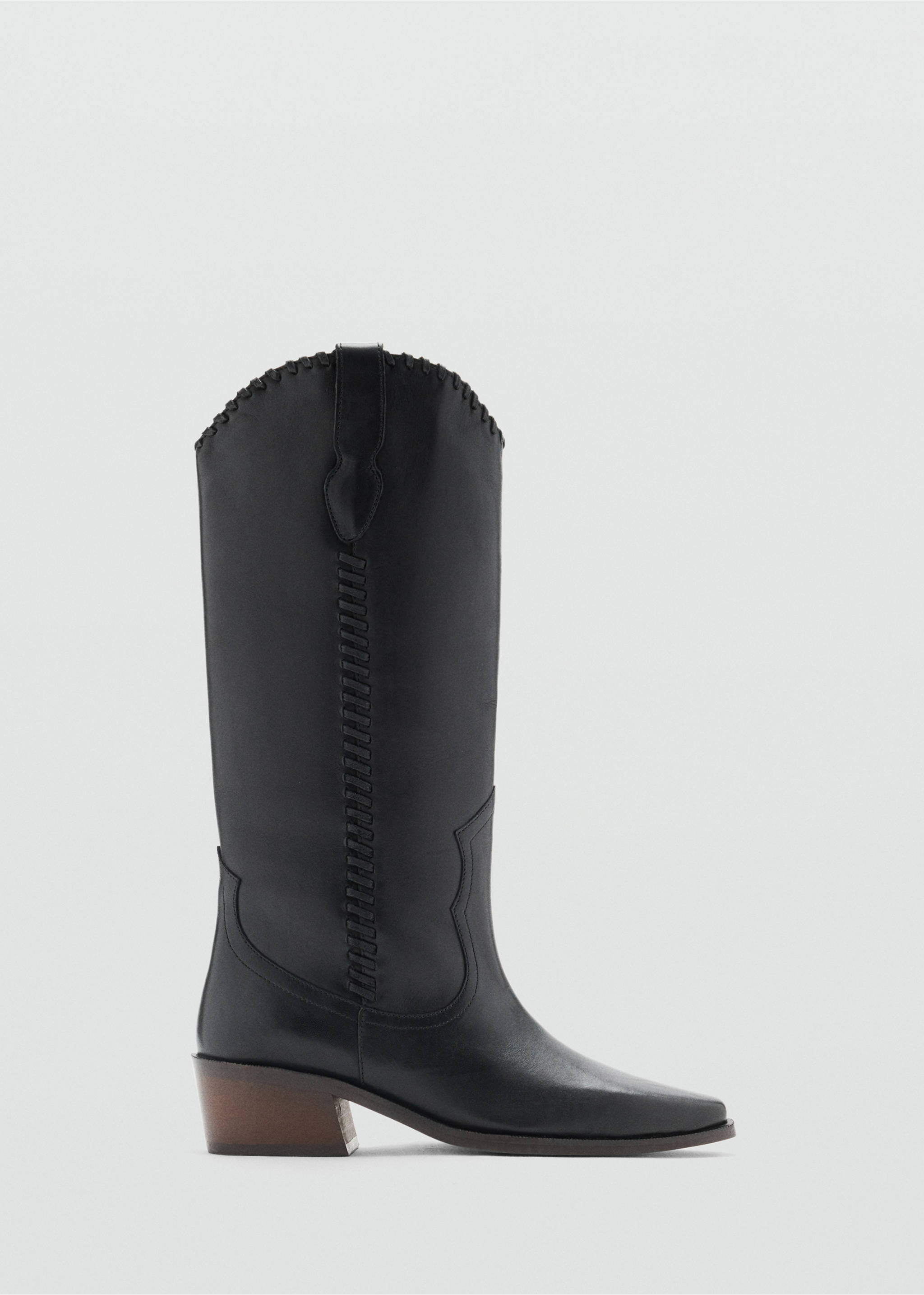 Black knee-high cowboy boot with decorative stitching and block heel., Black. Ref: 37017937-00.