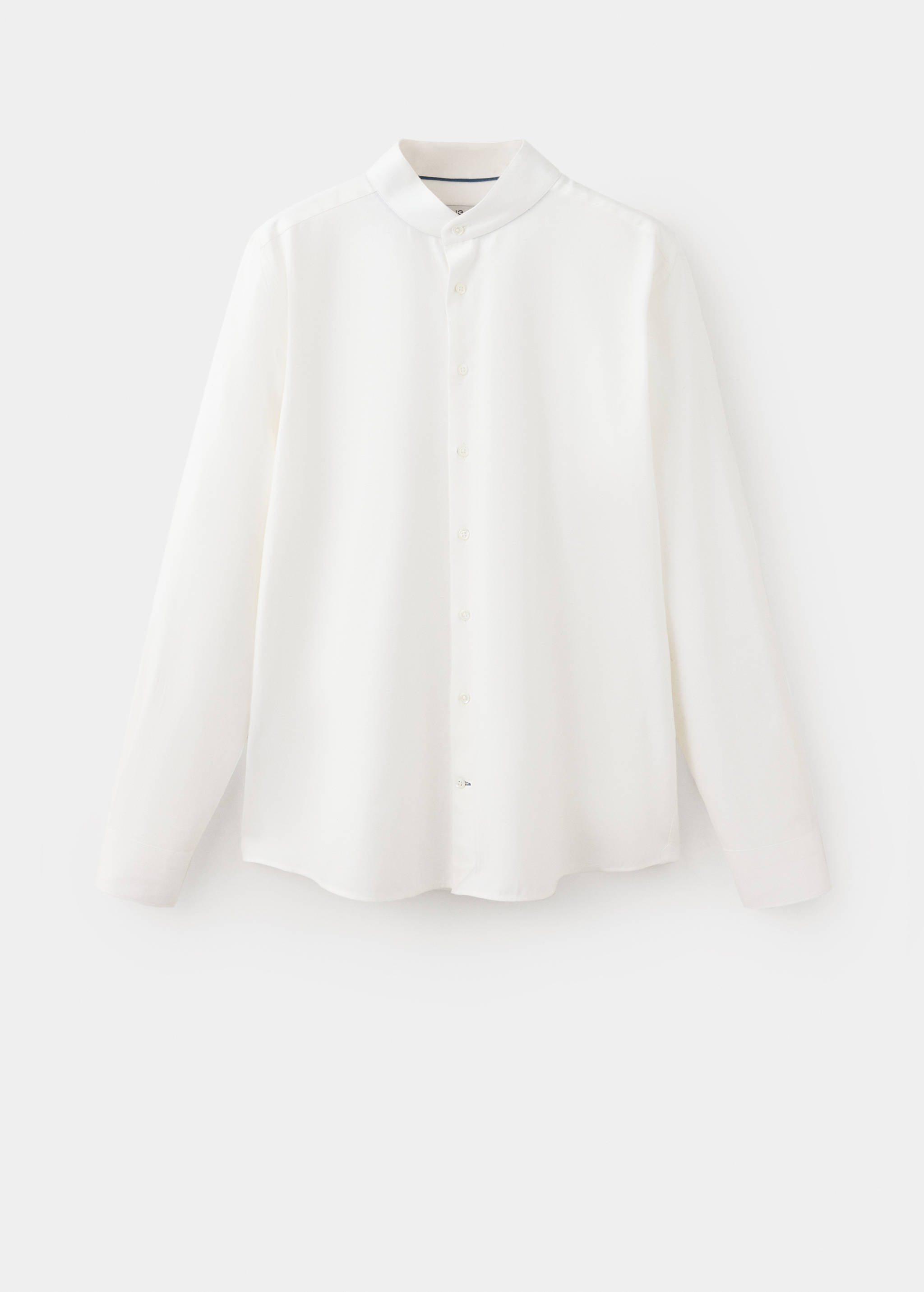 White long-sleeved men's shirt with a band collar.