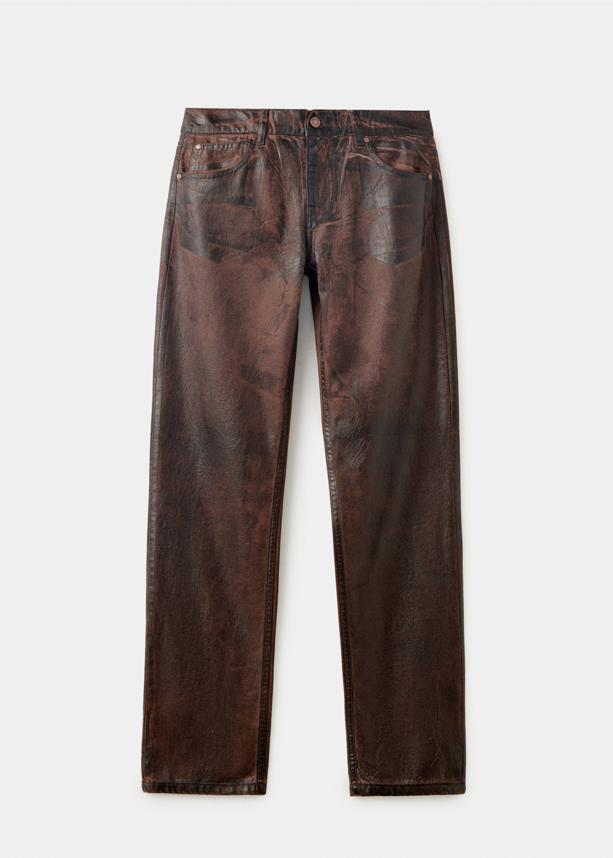 Brown straight-leg denim trousers with an aged mottled finish., Chocolate. Ref: 37017940-00.