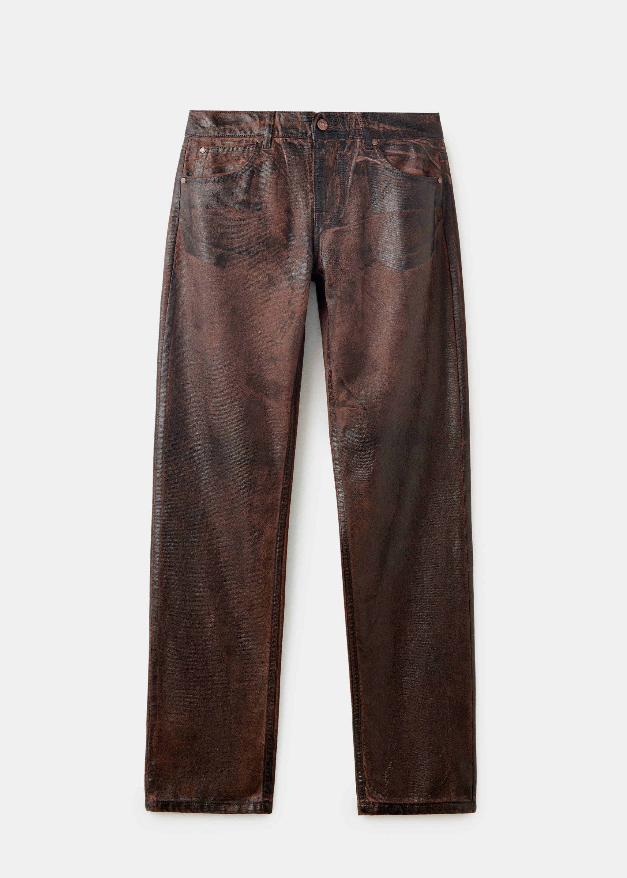 Brown straight-leg denim trousers with an aged mottled finish.