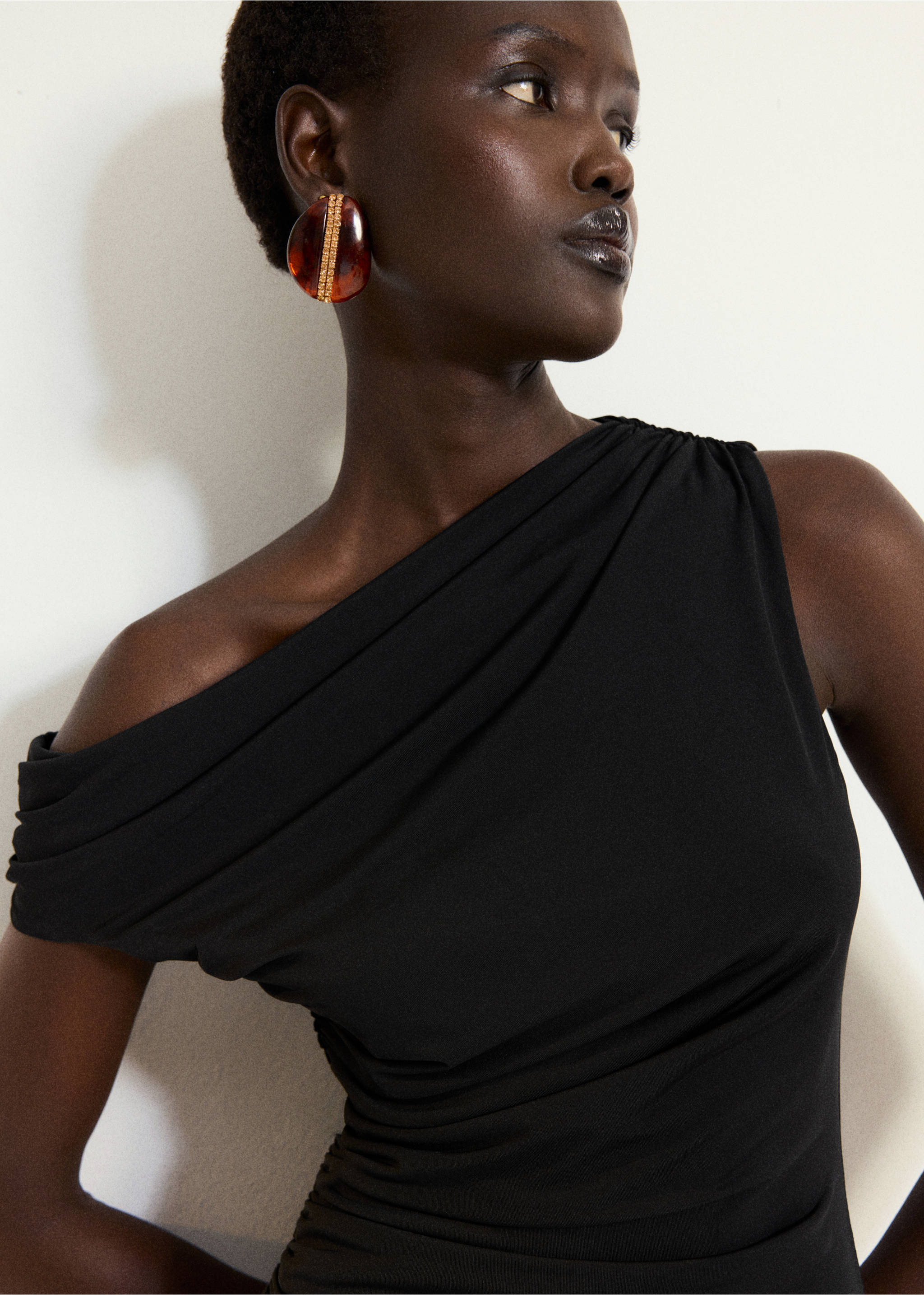 Black one-shoulder dress with draped bodice and gathered ruching., Black. Ref: 37017942-00.