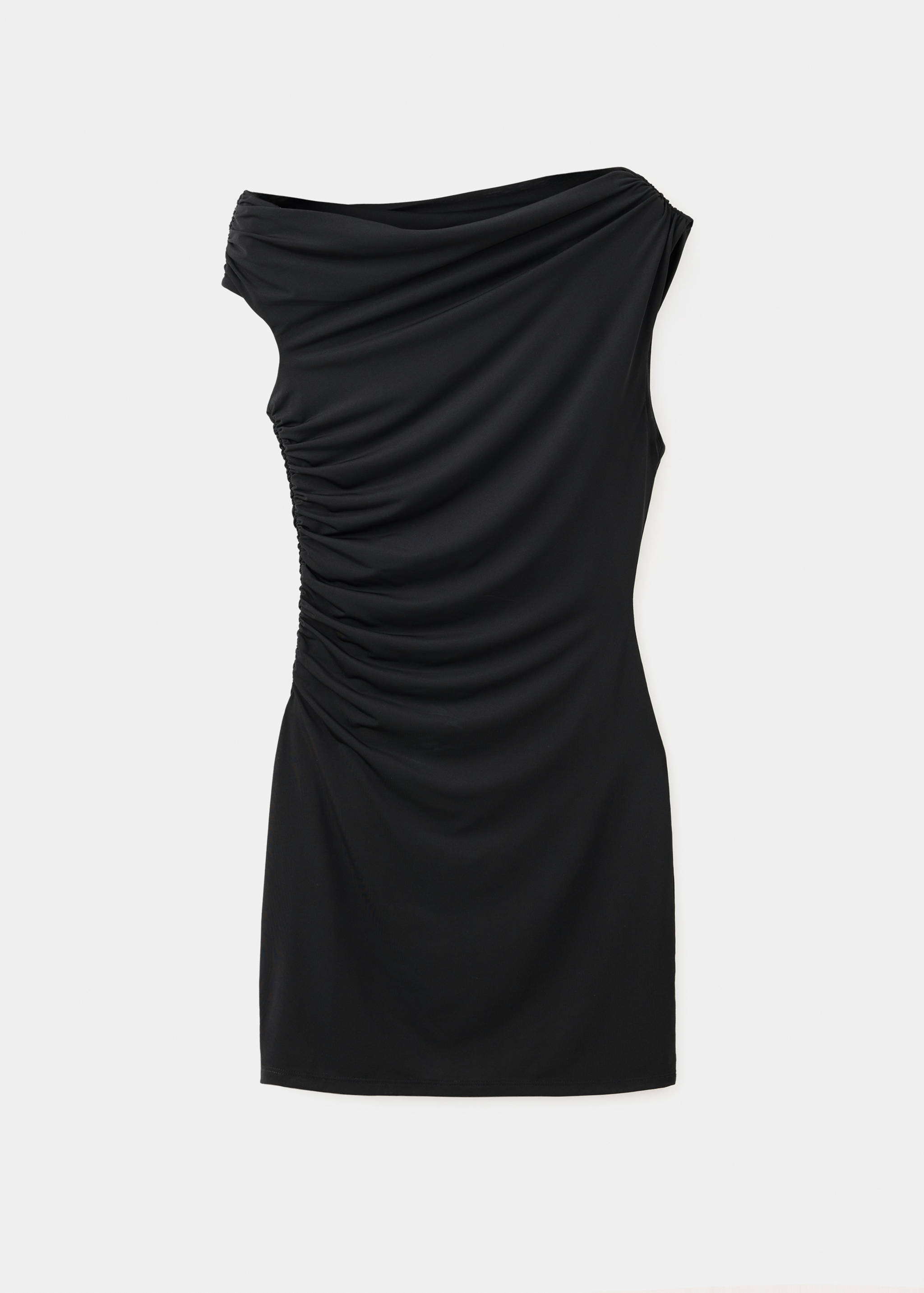Black one-shoulder short dress with asymmetrical drape and ruching.