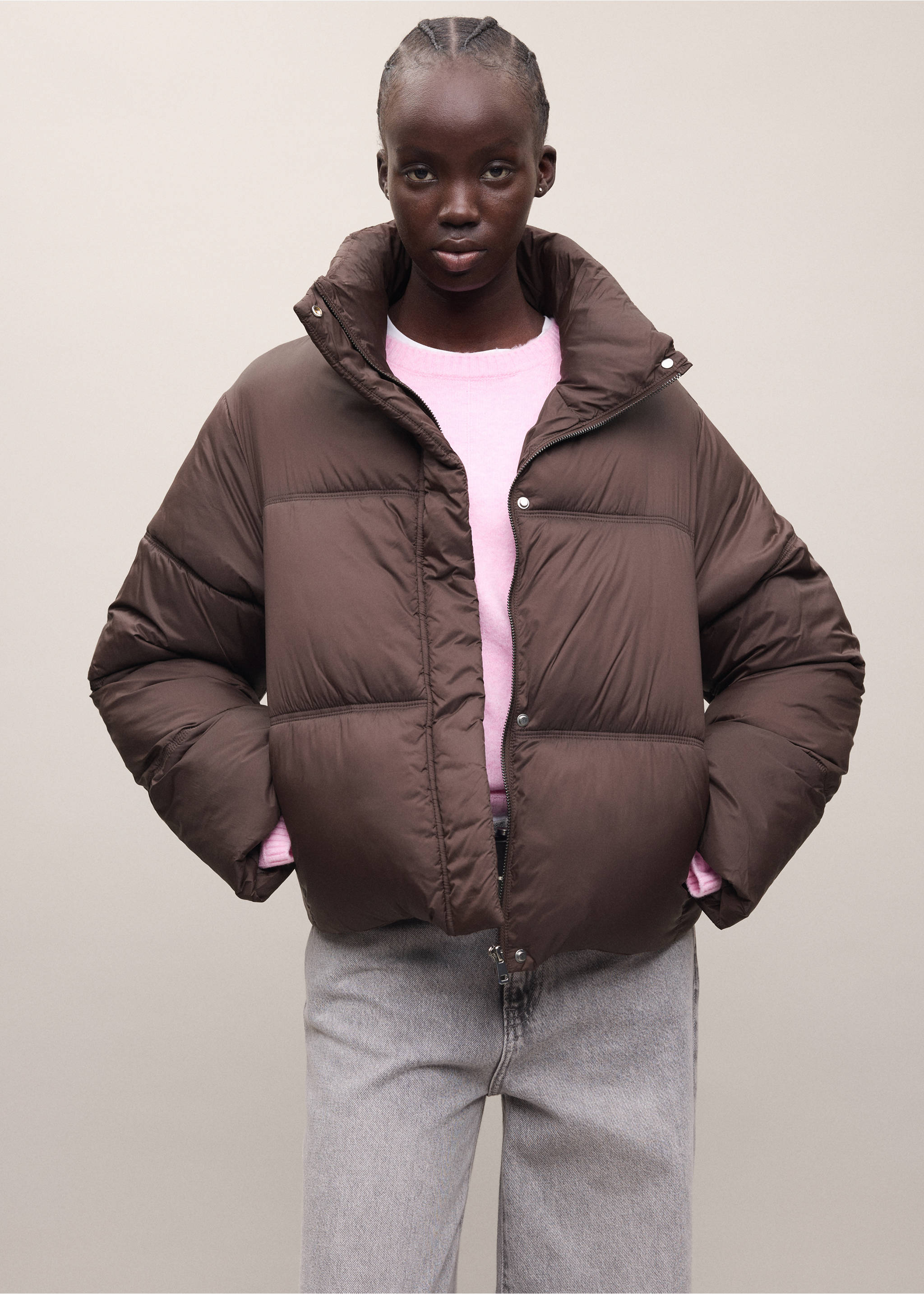 Dark brown quilted puffer anorak with a high collar and front zip., Chocolate. Ref: 37018265-01.