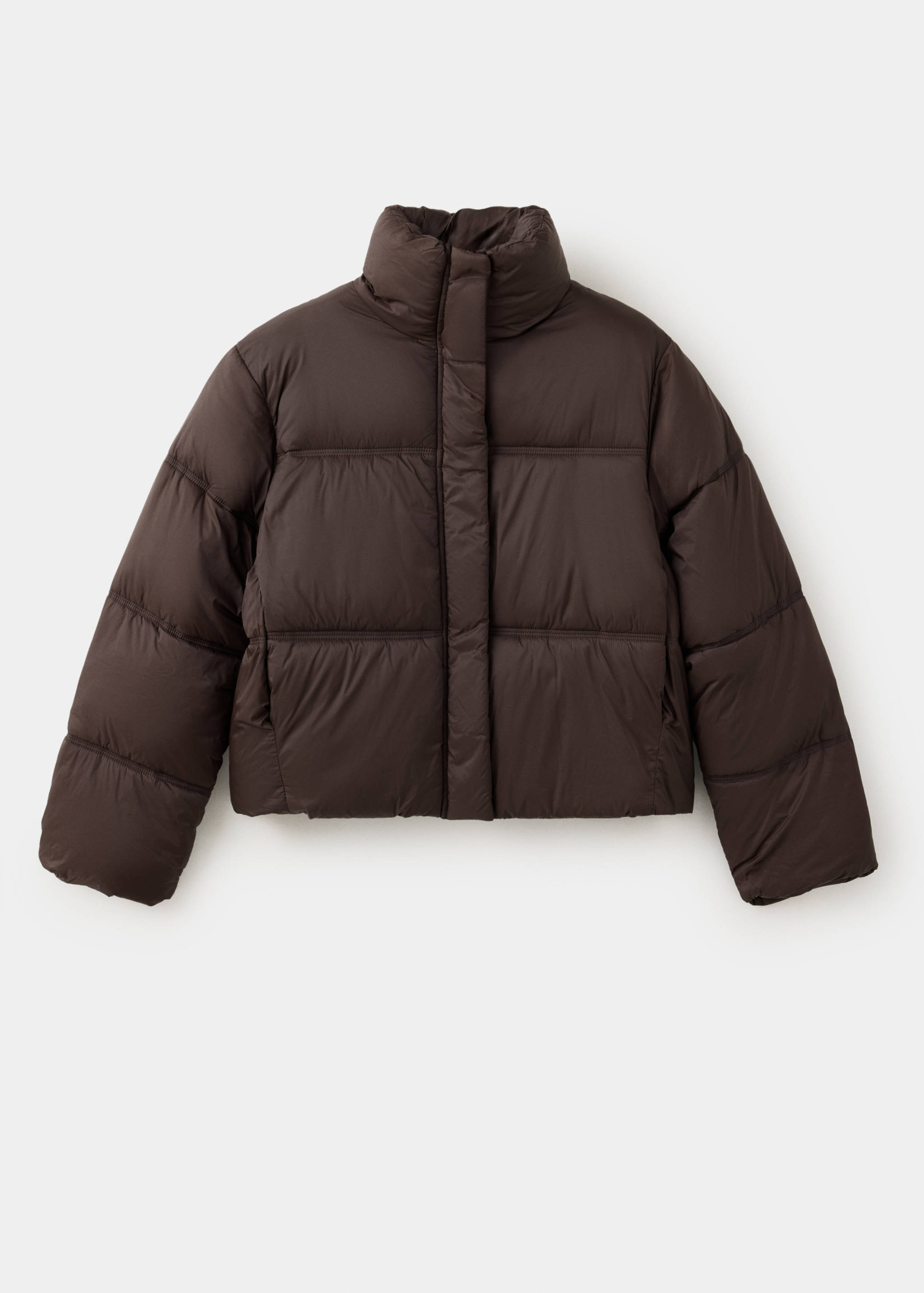 Dark brown quilted anorak with a high funnel neck and concealed zip fastening.