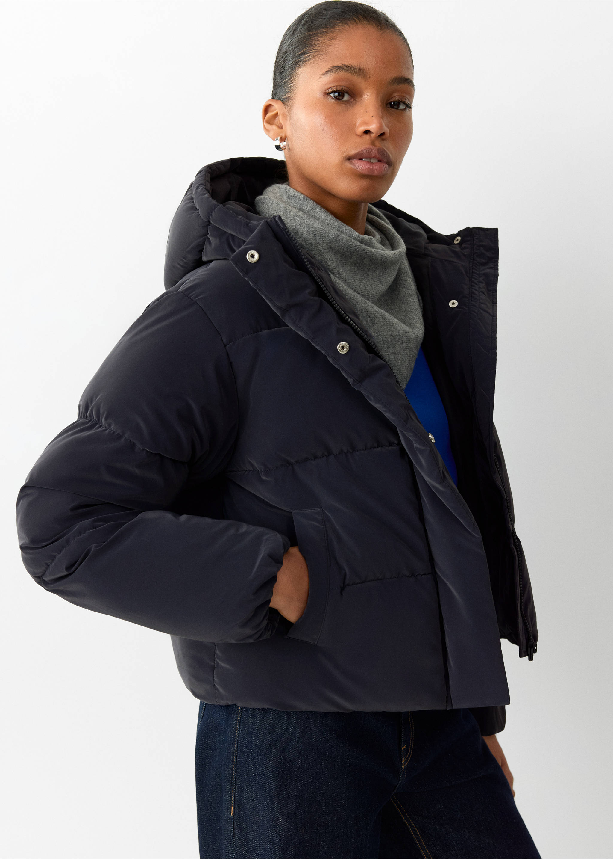 Dark blue hooded quilted anorak with a high snap-button collar., Navy. Ref: 37018266-00.