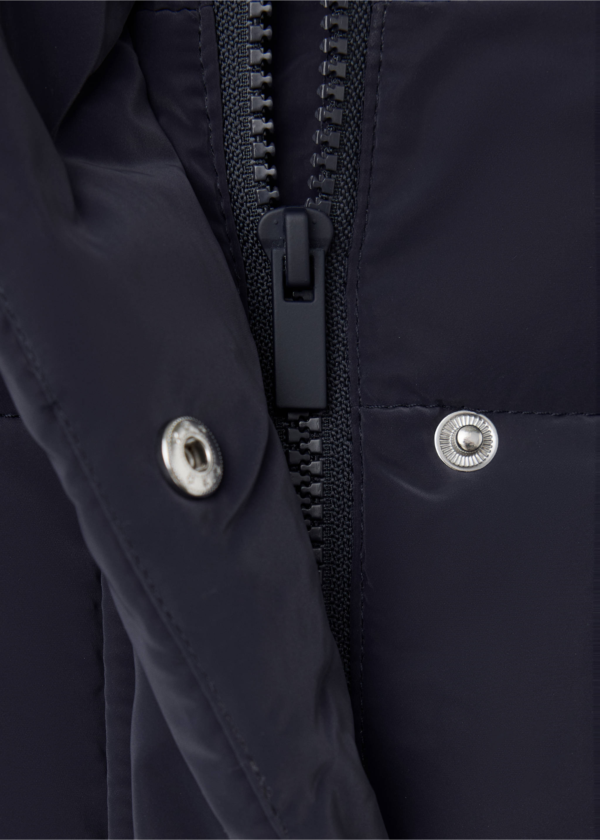 Close-up of the zip and press-stud closure on a dark navy blue anorak., Navy. Ref: 37018266-00.
