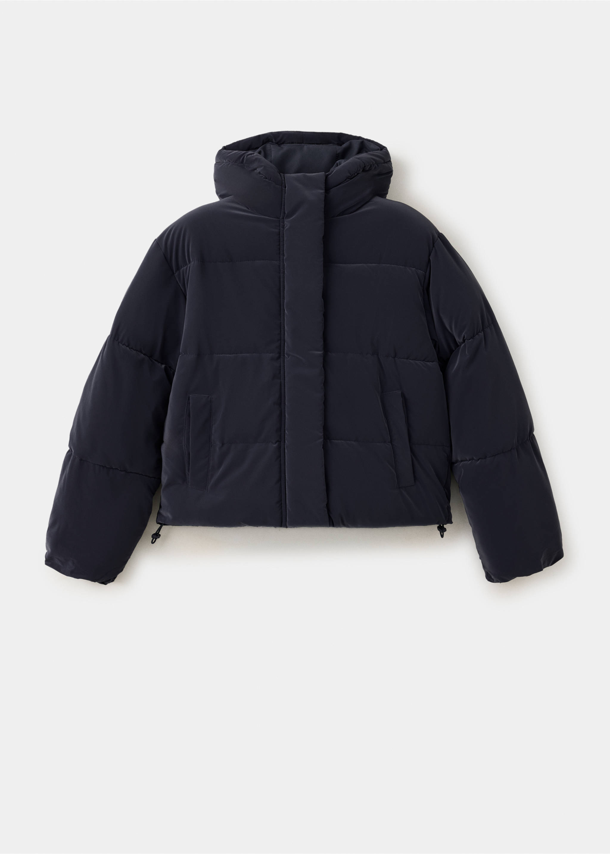 Navy blue padded anorak puffer jacket with a high collar and hooded design., Navy. Ref: 37018266-00.