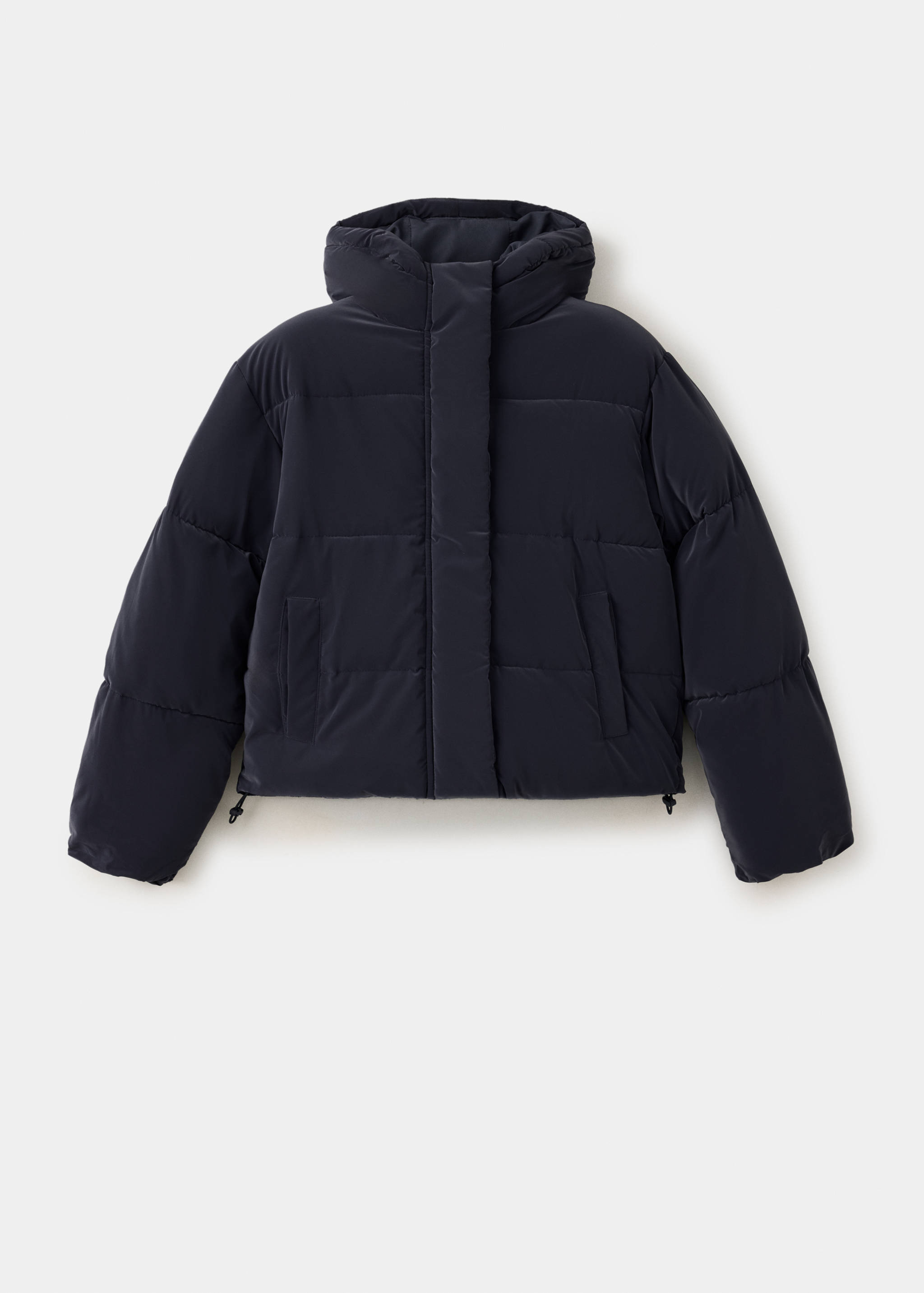 Navy blue padded anorak puffer jacket with a high collar and hooded design.