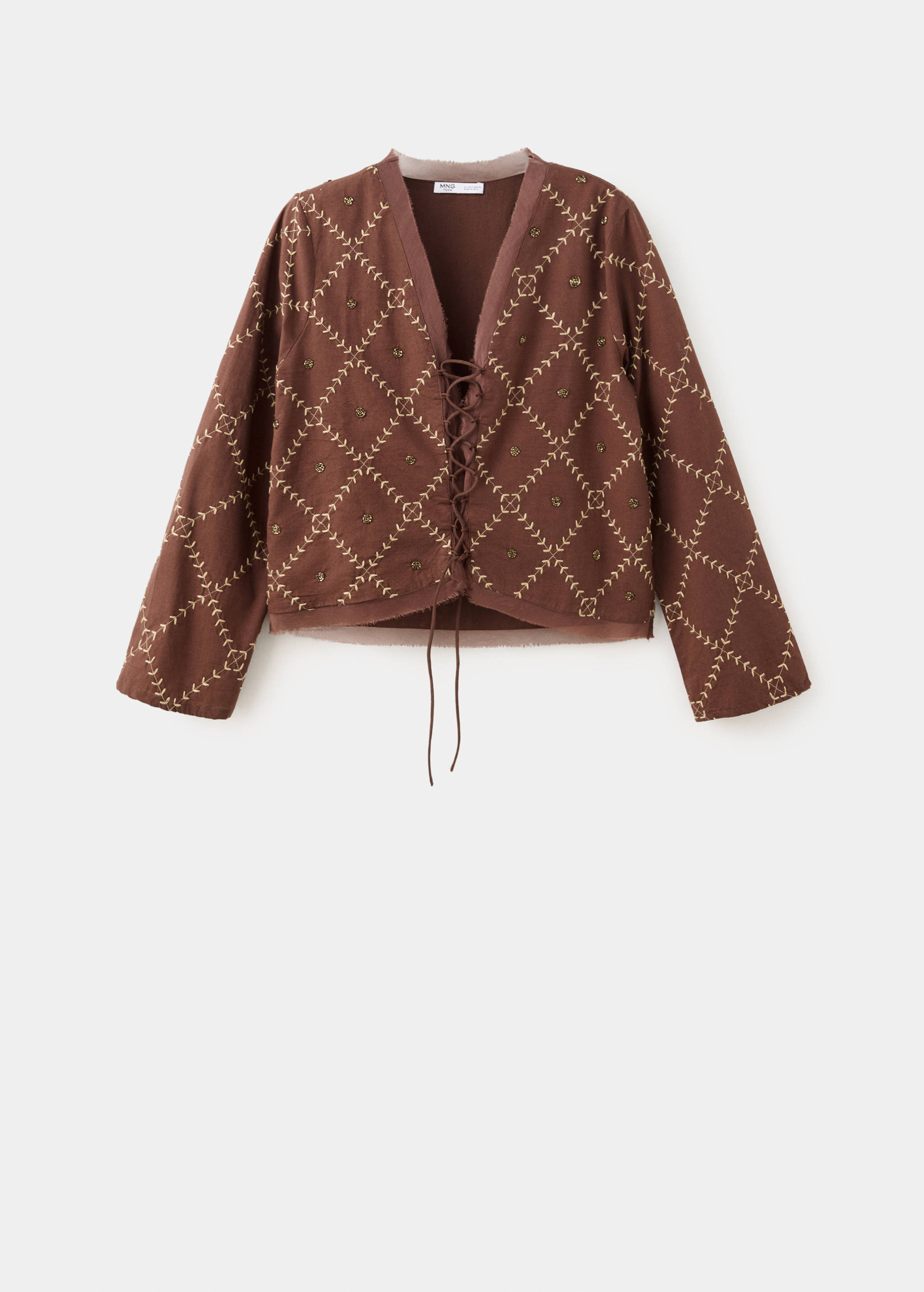 Brown shirt with long sleeves, tie closures, and embroidery.