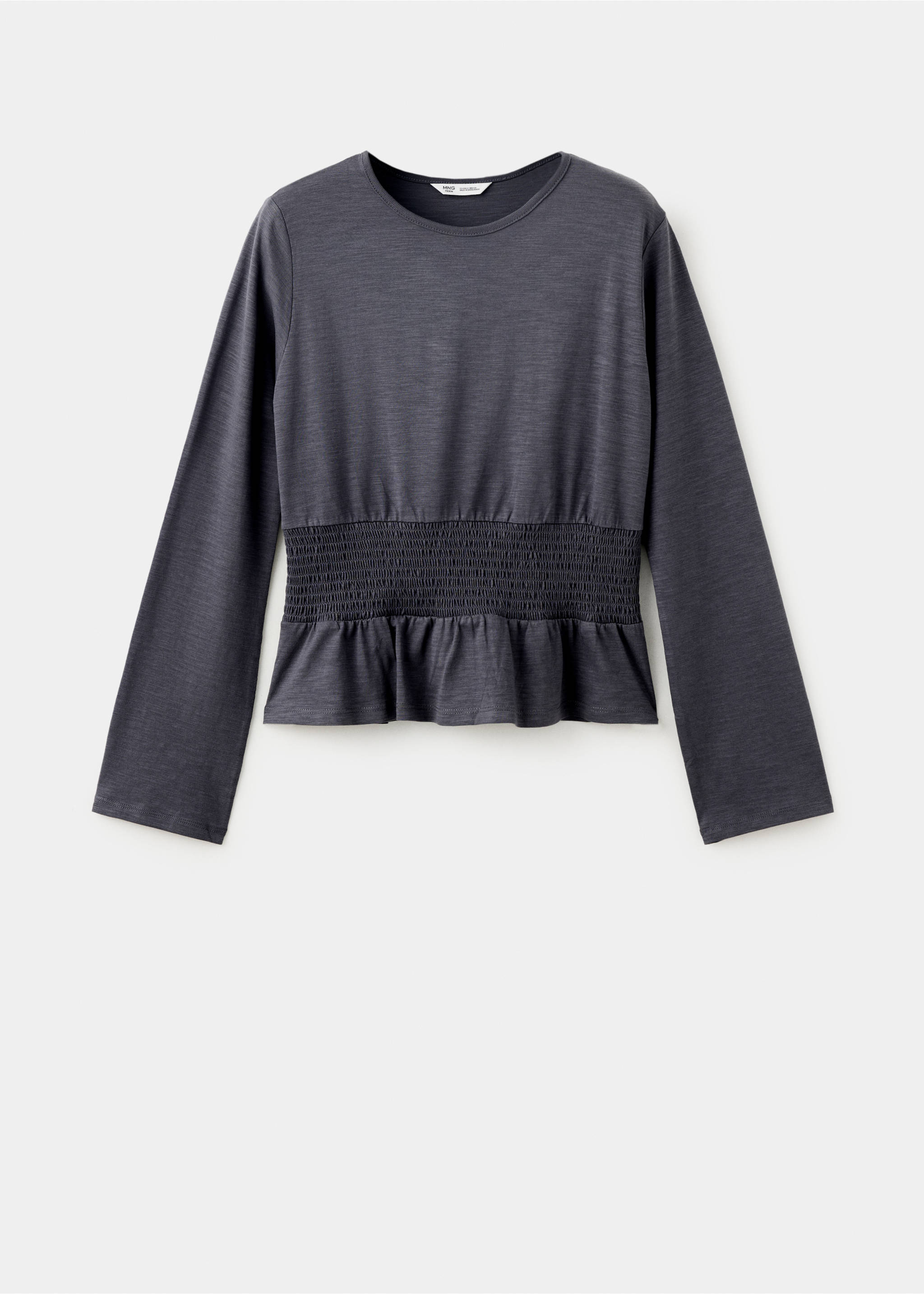 Camiseta gris oscura de manga larga con cintura fruncida y bajo con volantes., Gris antracita. Ref: 37018283-00.