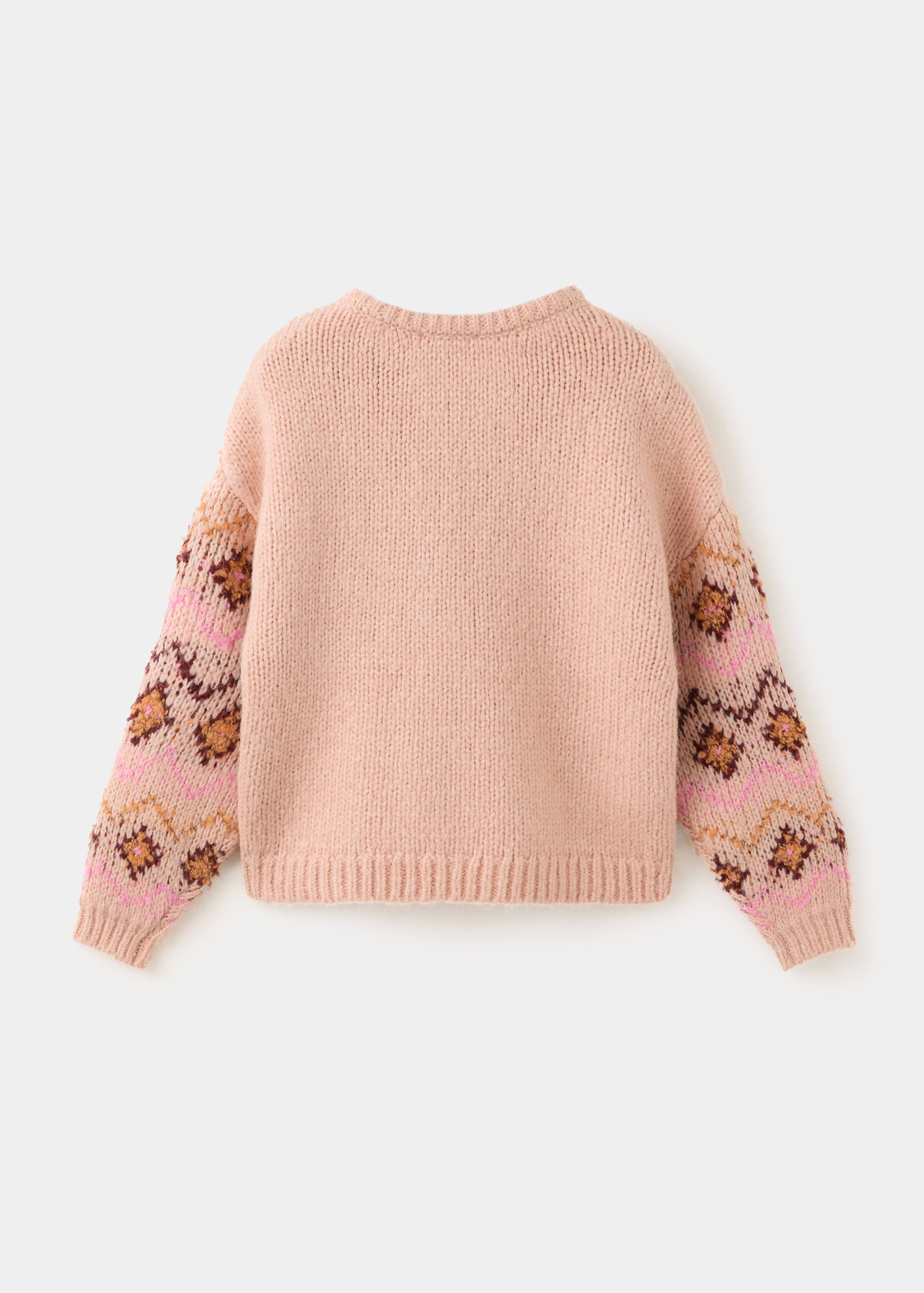 Vista trasera de jersey de punto infantil en color rosa con mangas estampadas.