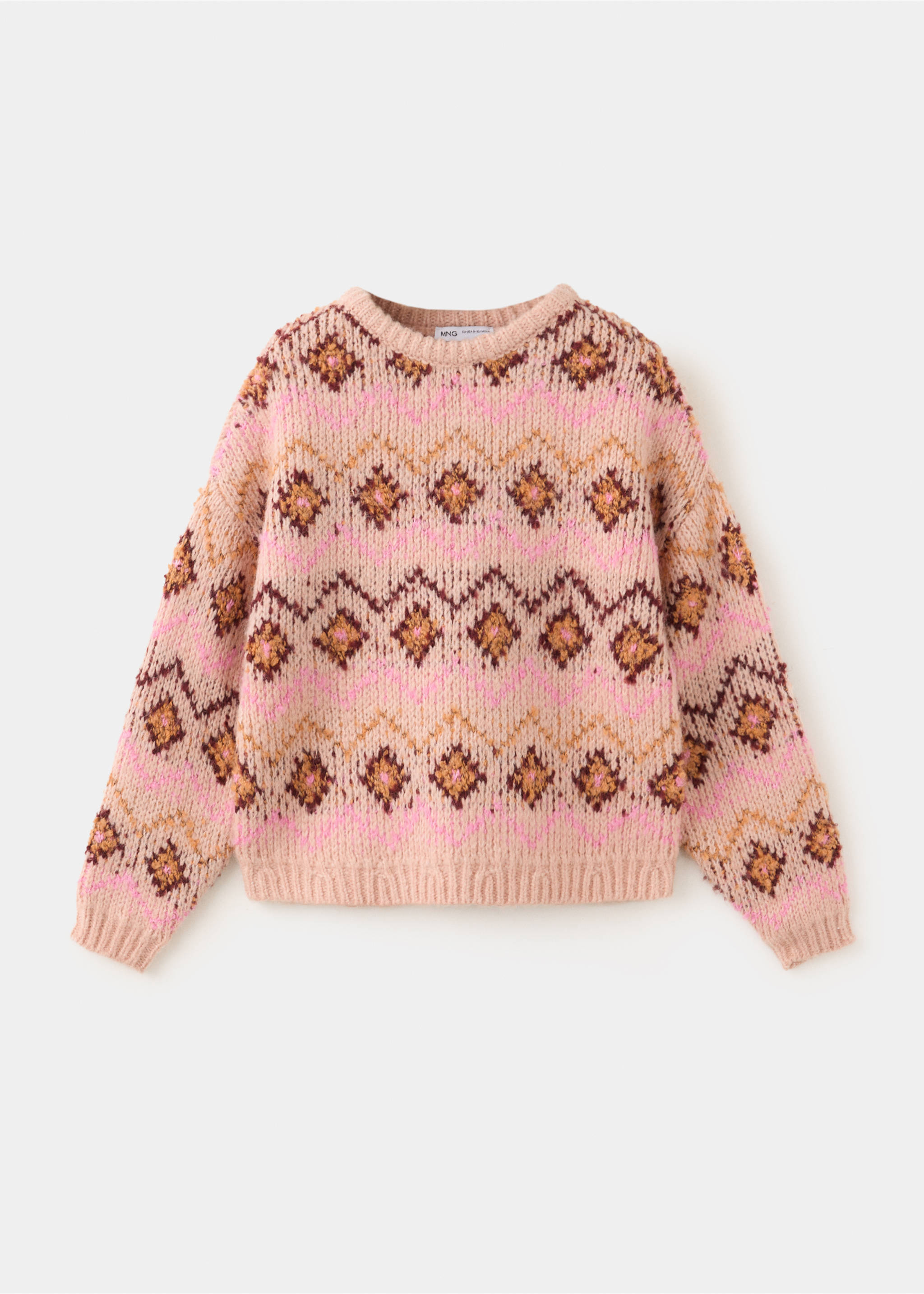 Jersey de punto de color rosa para niño o niña con estampado multicolor estilo Fair Isle y acabados de canalé., Melocotón. Ref: 37018286-00.