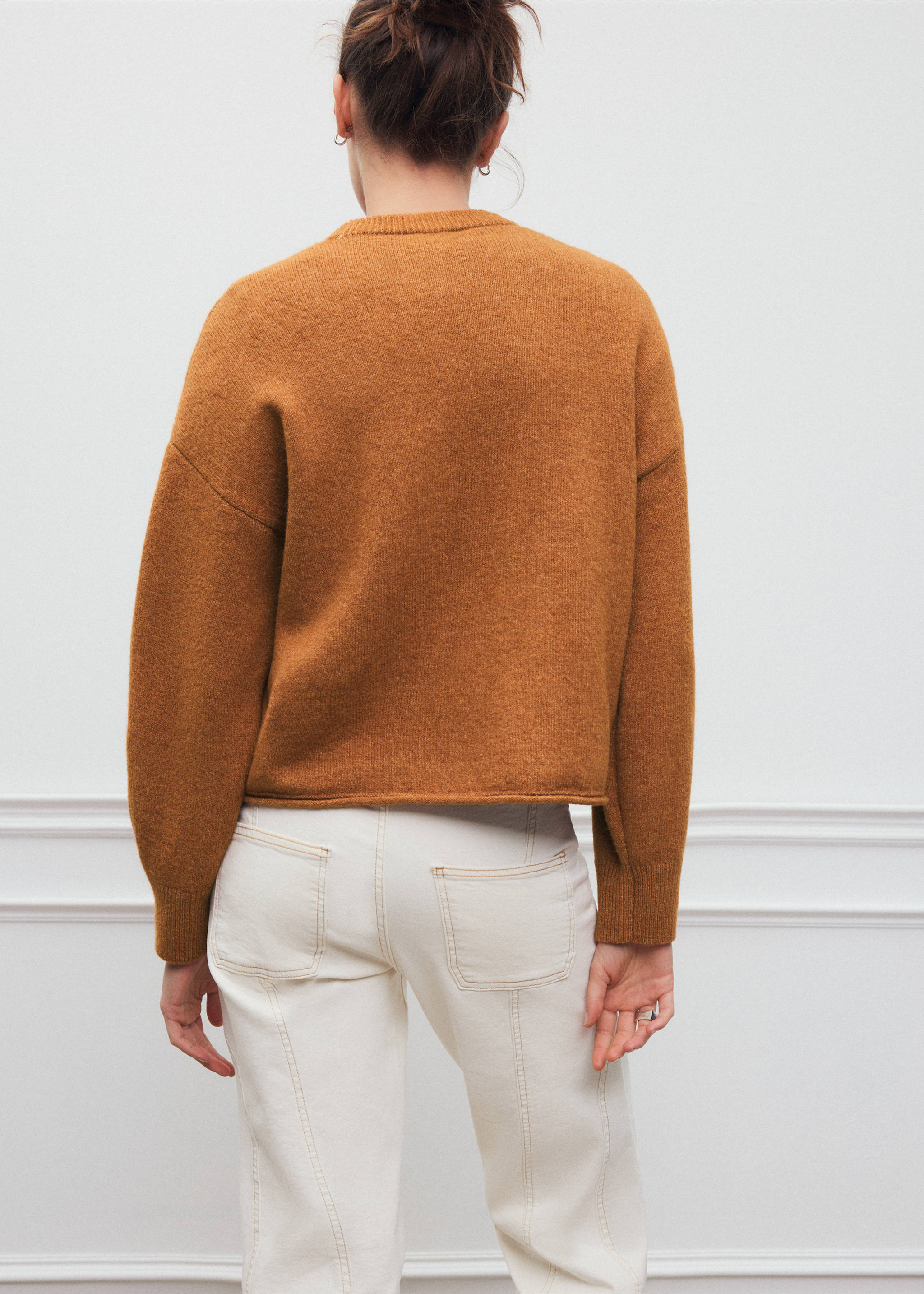 Brown crew neck jumper with long sleeves and ribbed trim, back view., Ochre. Ref: 37018287-00.