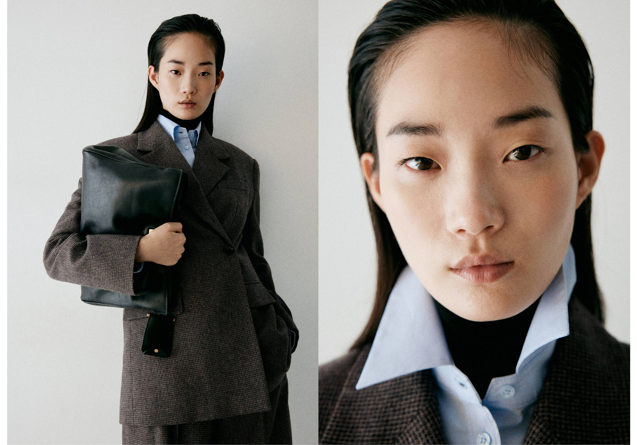 Brown houndstooth blazer worn with a light blue shirt, black turtleneck, and matching trousers.