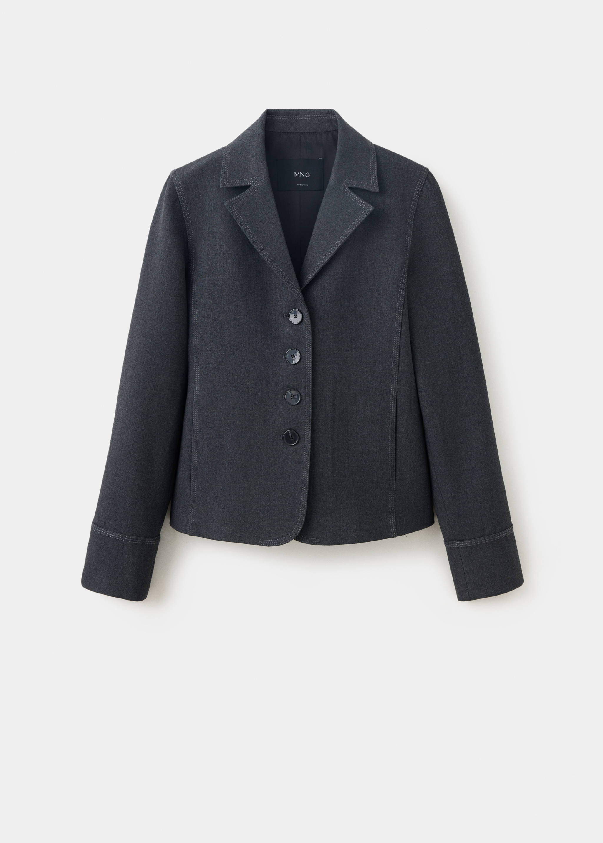 Dark grey blazer with notched lapels and four front buttons.