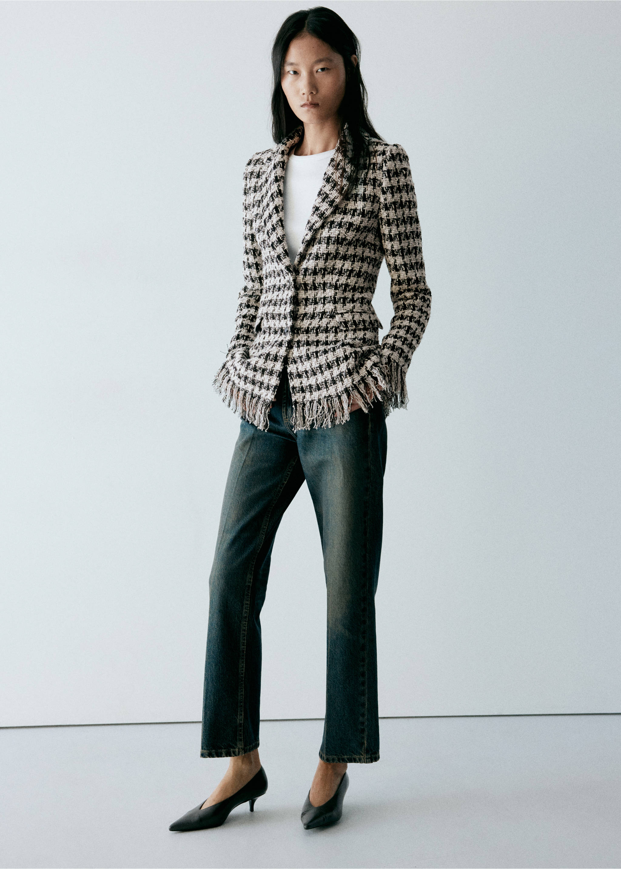 Ausgefranster Blazer mit Hahnentritt-Muster - Allgemeine Ansicht, Schwarz. Ref: 37018291-00.
