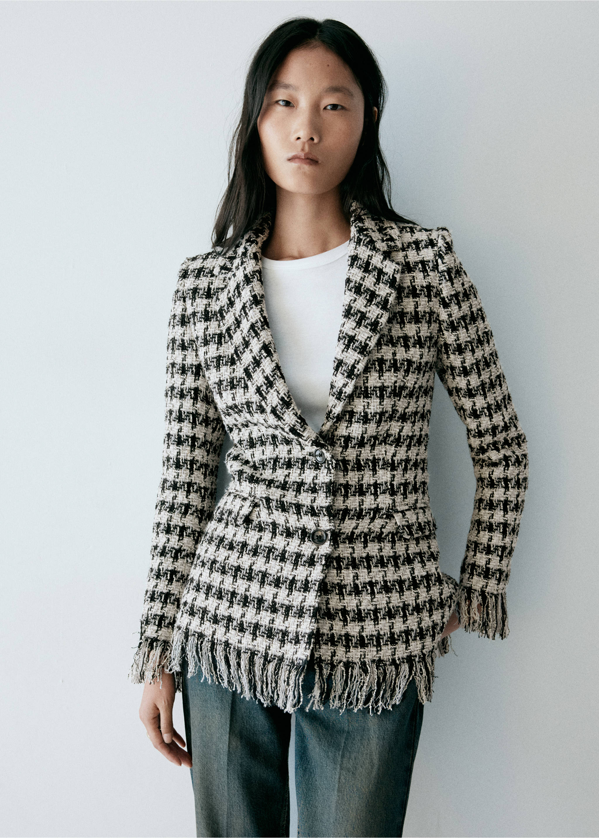 Ausgefranster Blazer mit Hahnentritt-Muster - Mittlere Ansicht, Schwarz. Ref: 37018291-00.