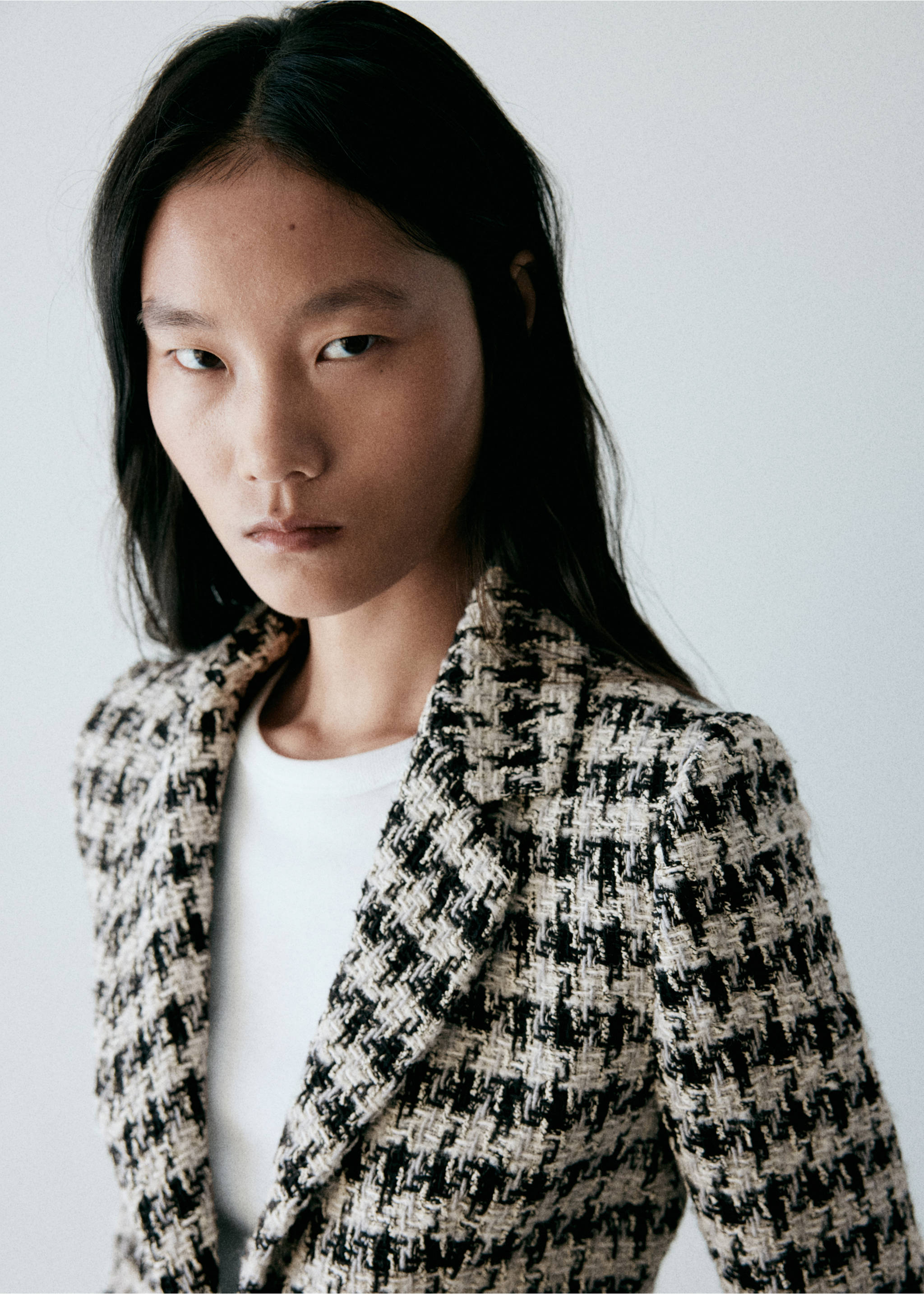Ausgefranster Blazer mit Hahnentritt-Muster - Detail des Artikels 1, Schwarz. Ref: 37018291-00.
