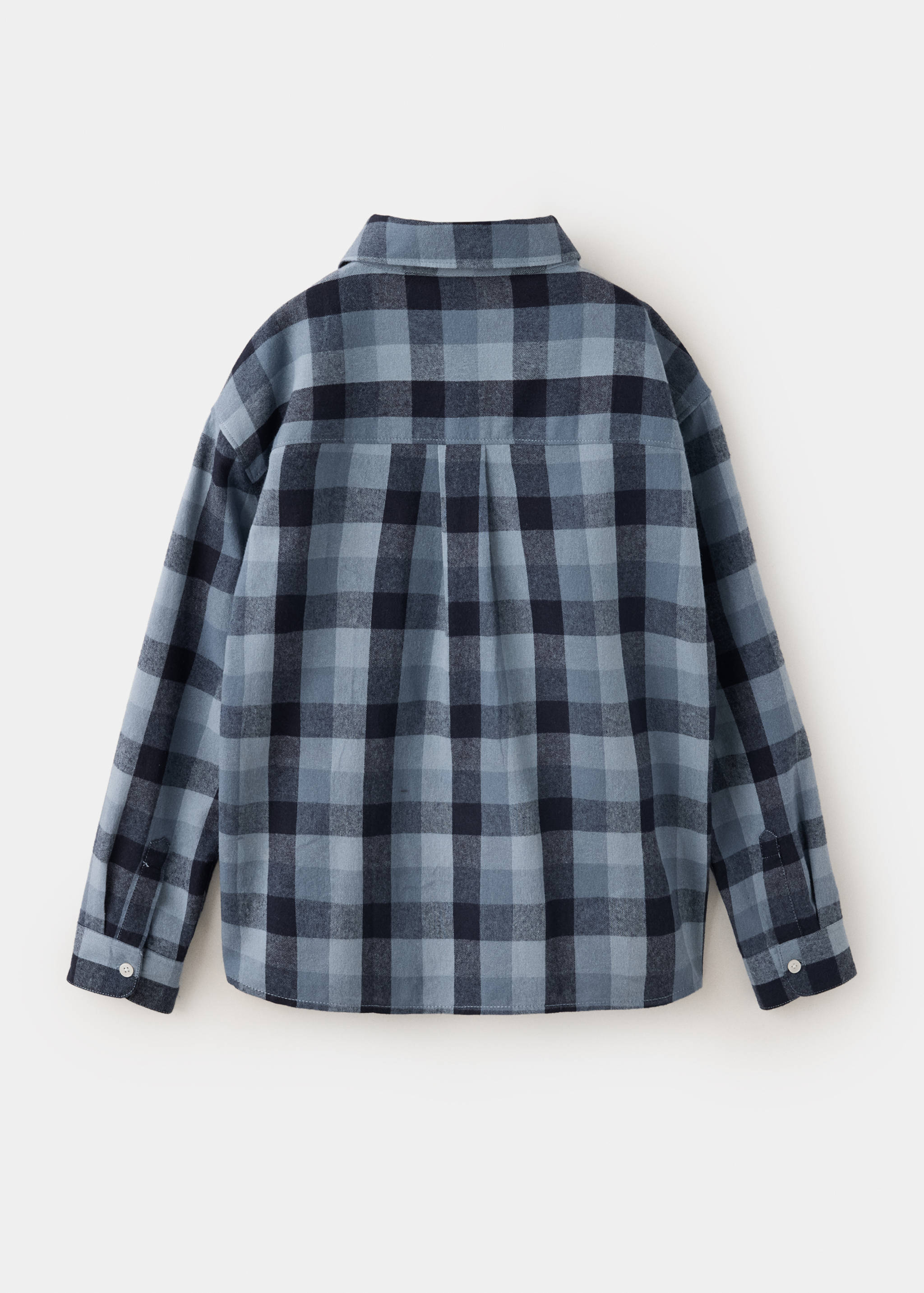 Blue and navy checked children's shirt, shown from the back.