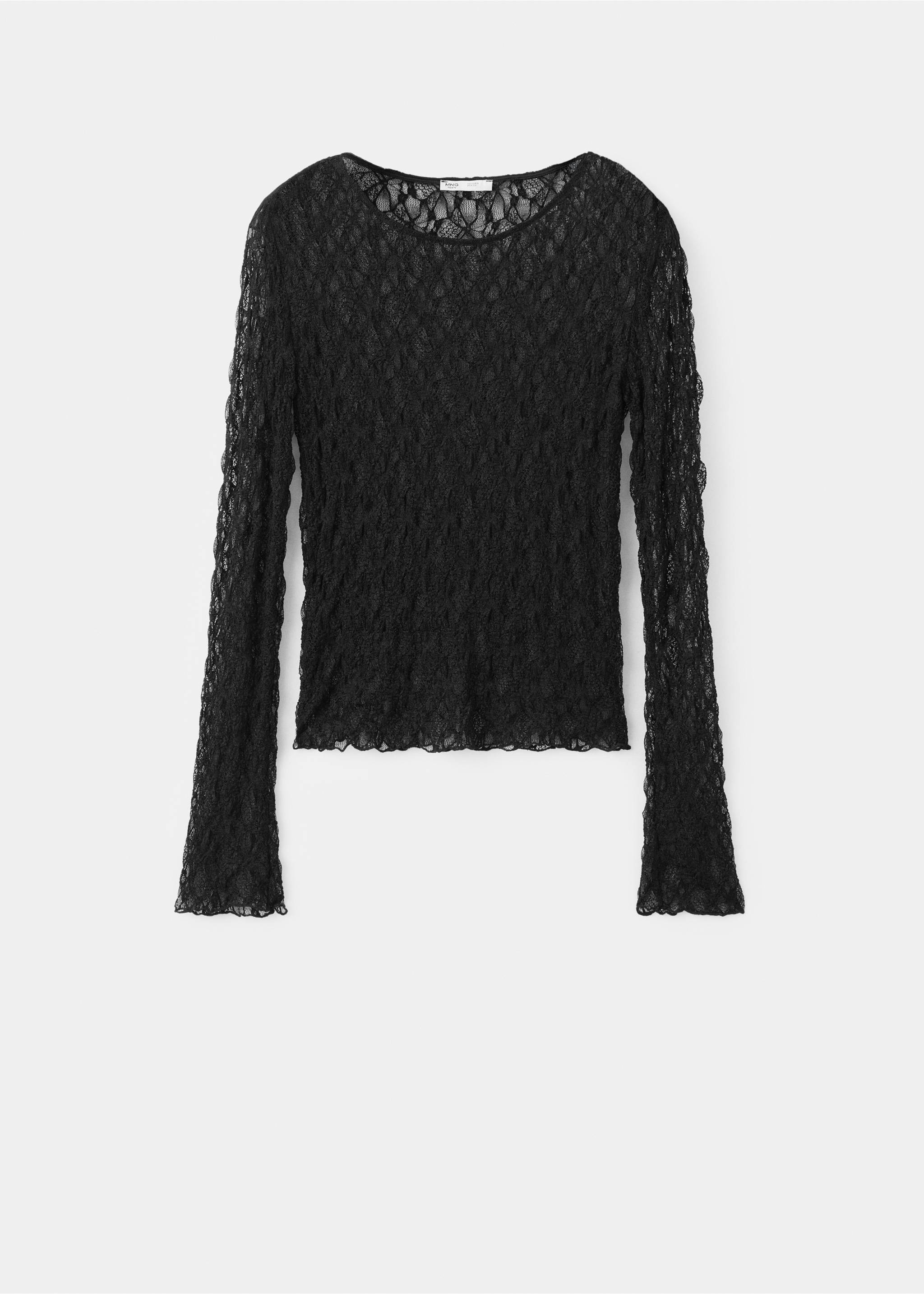 Black long-sleeve t-shirt in sheer textured lace with a round neck., Black. Ref: 37019123-00.