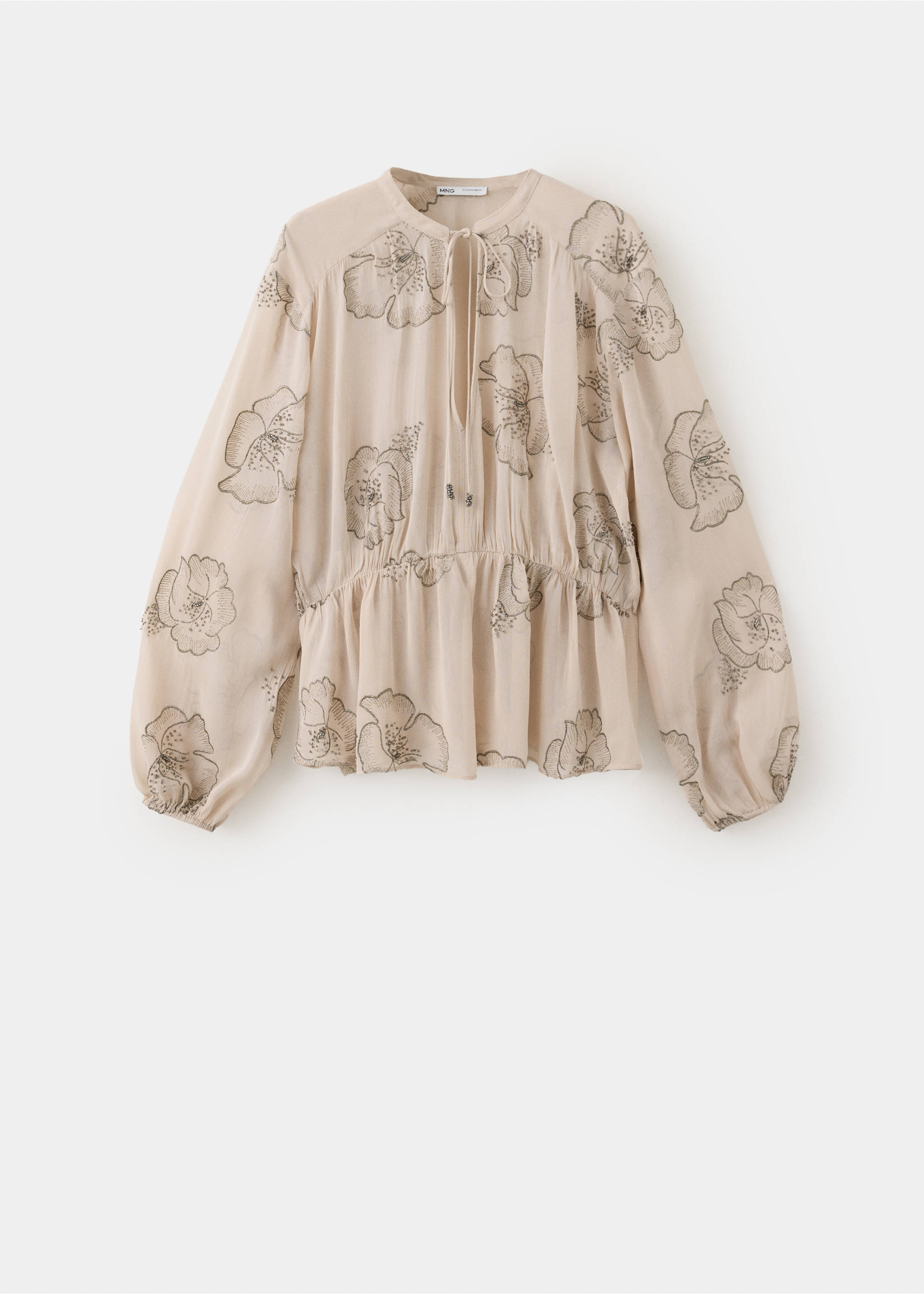 Blusa beige con estampado floral, manga larga, cuello con lazada y cintura con péplum., Rosa palo. Ref: 37019124-00.