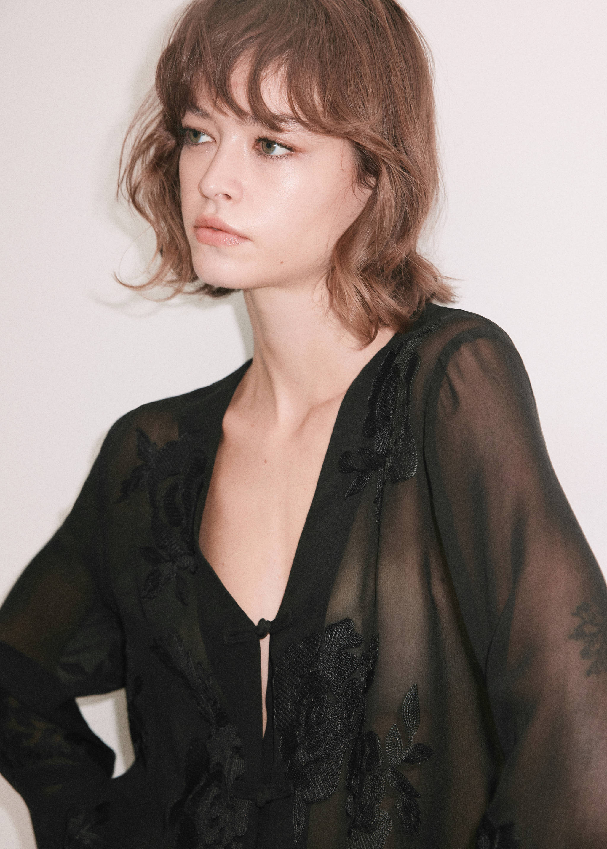 Blusa negra transparente con bordados, escote de pico y manga larga.