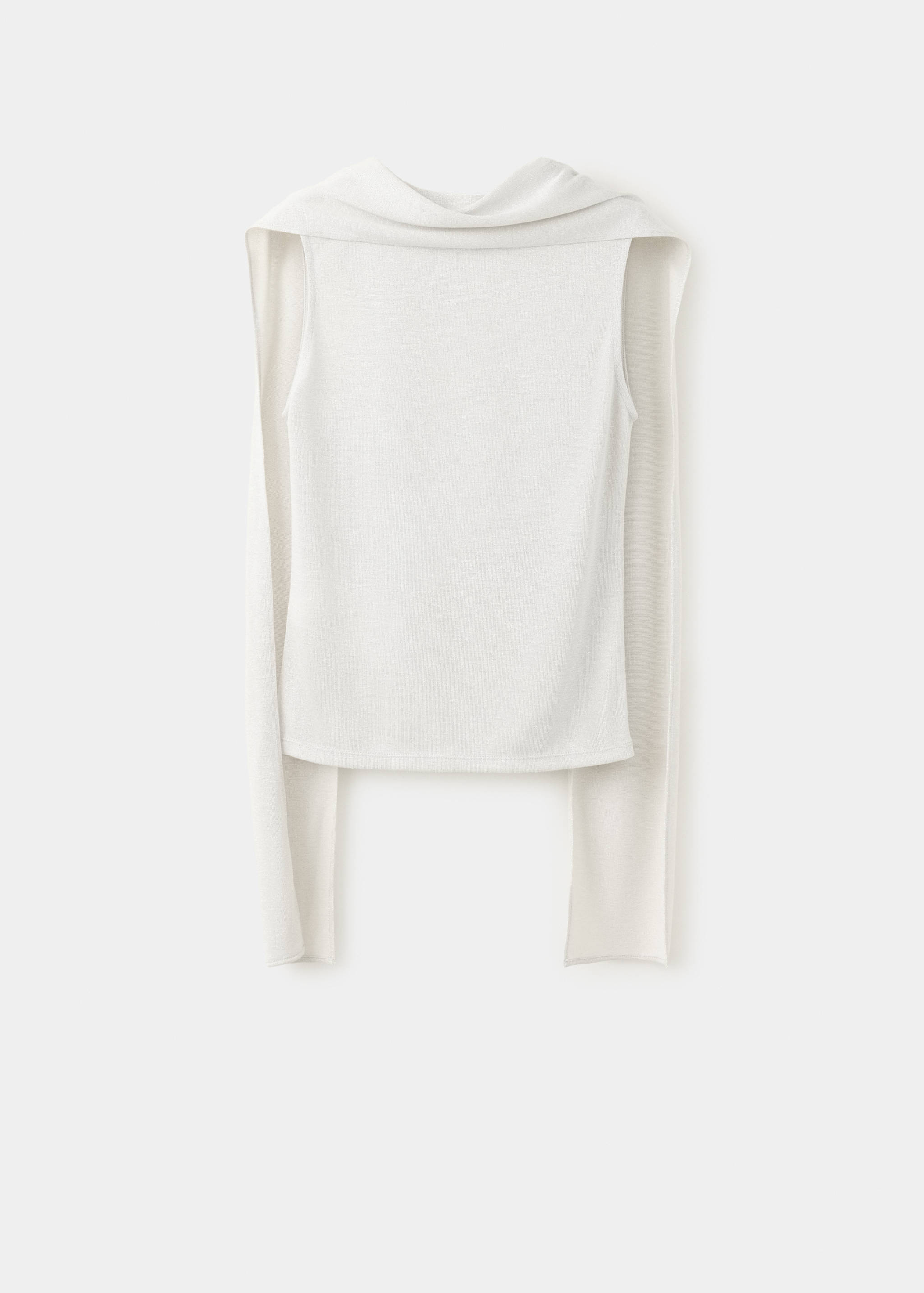 White sleeveless top with draped cowl neck and integrated scarf.
