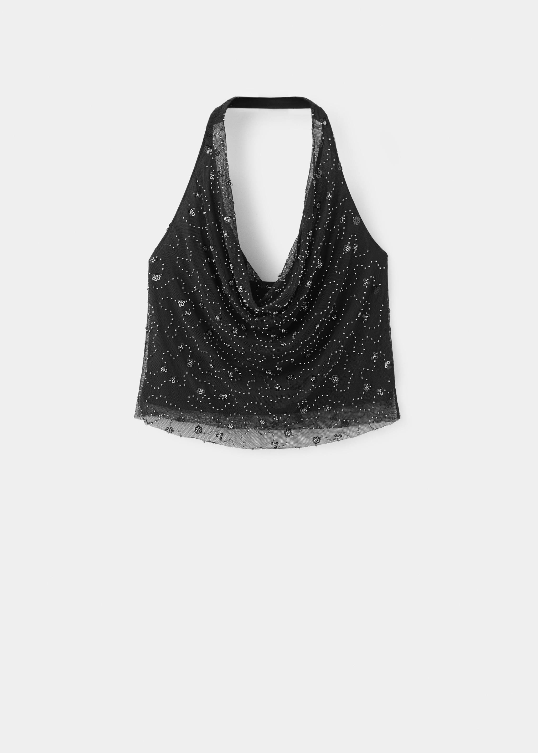 Black beaded halterneck top with a cowl neckline and sheer mesh fabric.