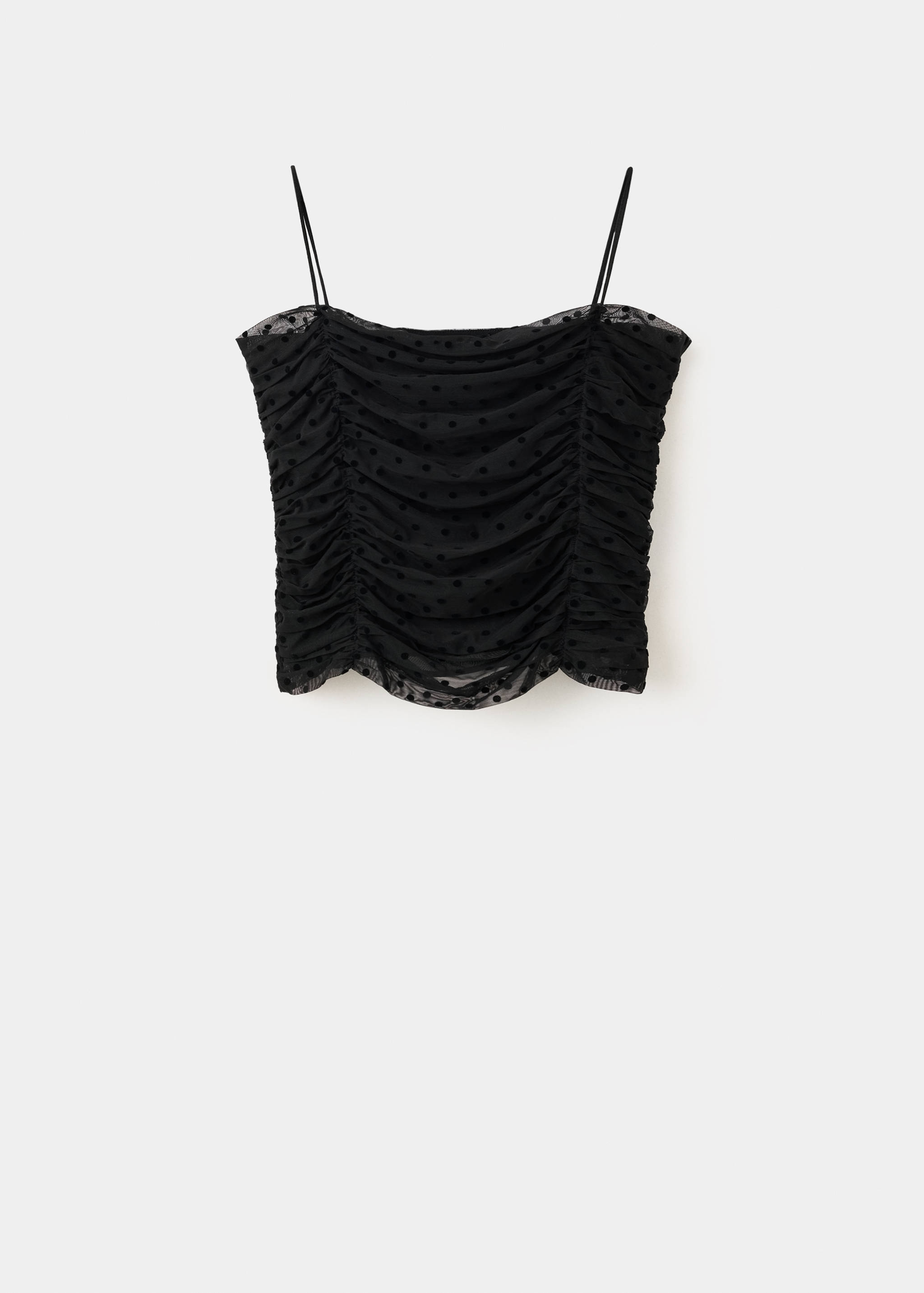Black polka-dot mesh top with thin straps and ruching.