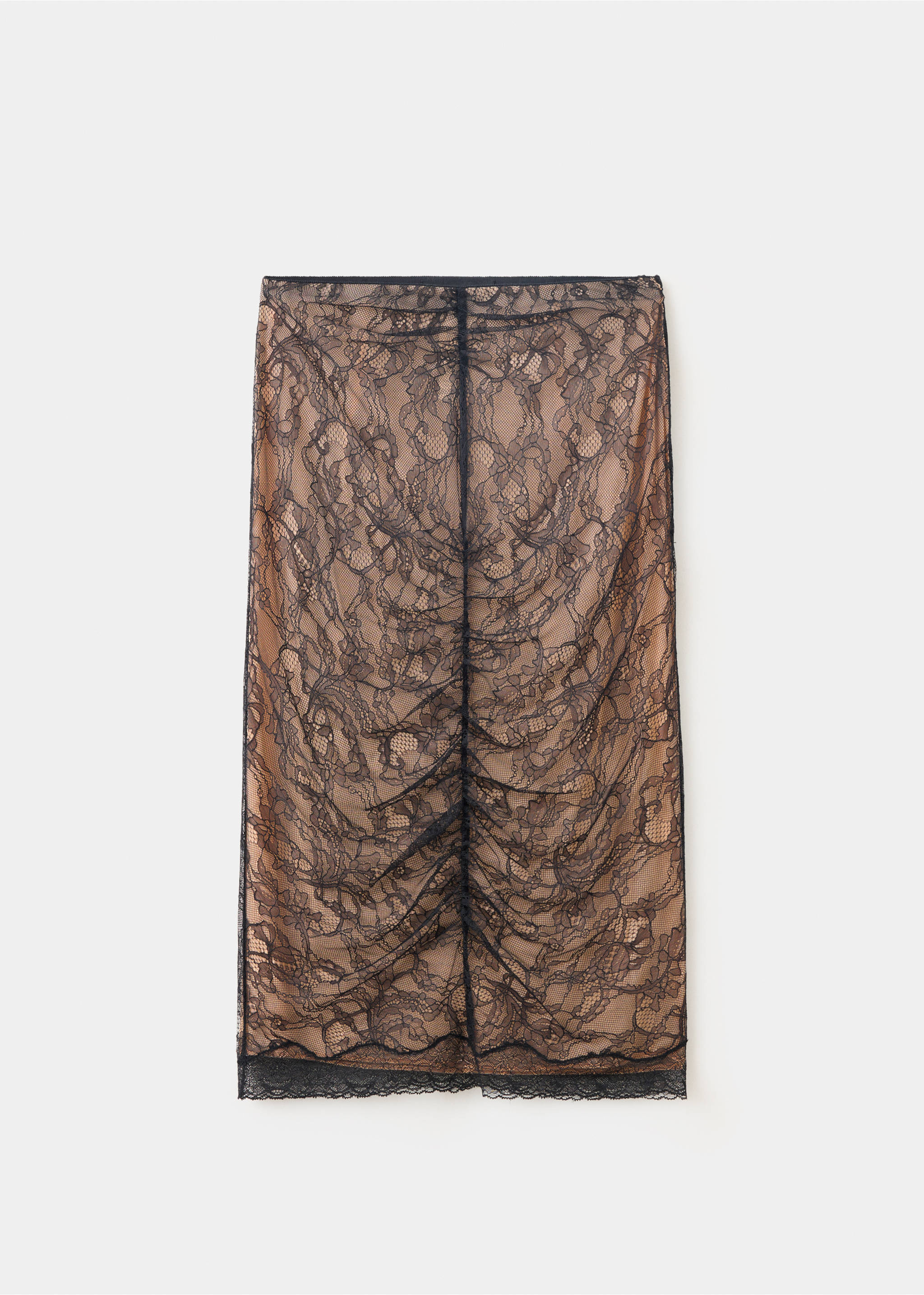 Black floral lace midi skirt with a nude lining and central ruching., Black. Ref: 37019133-00.
