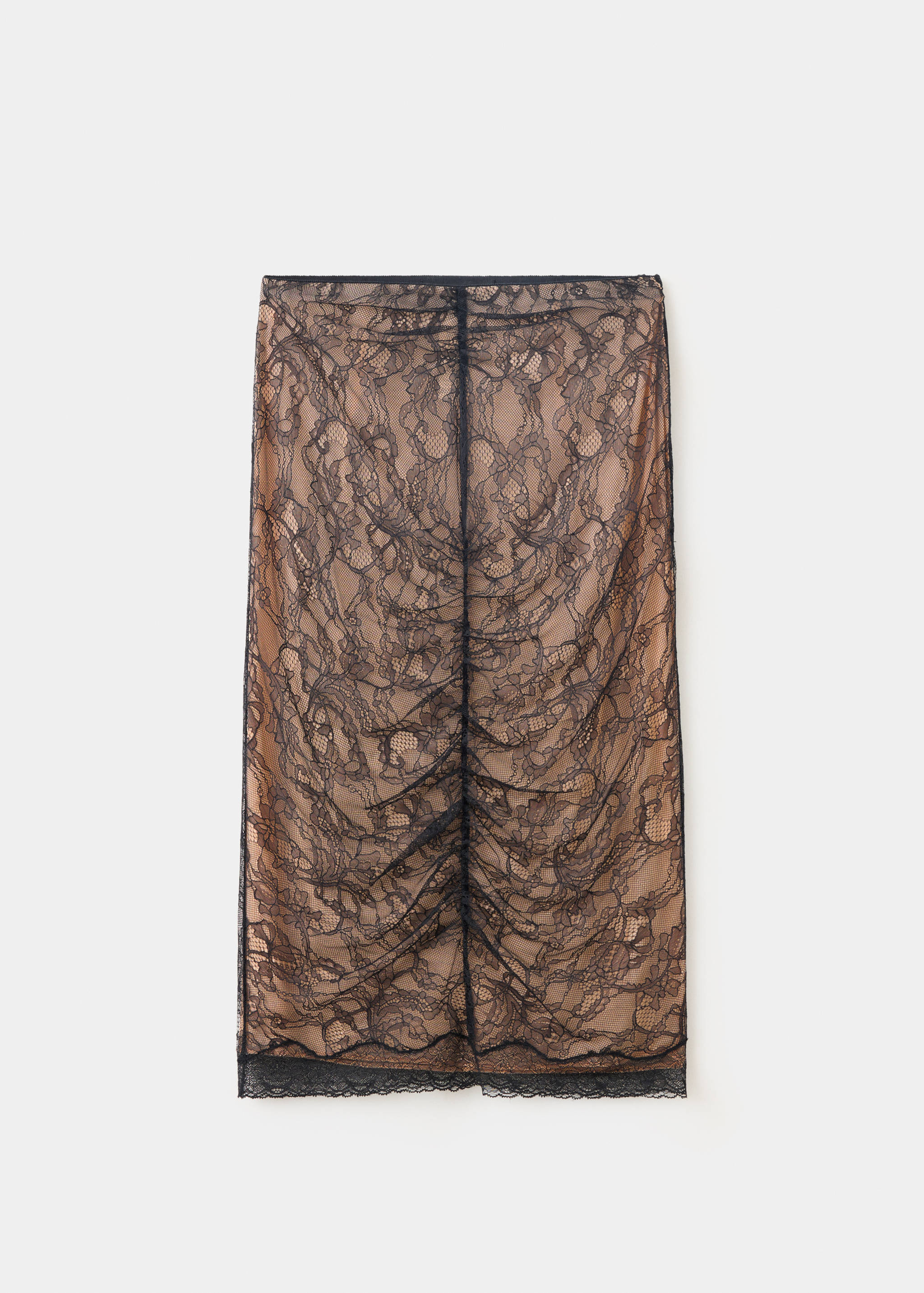 Black floral lace midi skirt with a nude lining and central ruching.