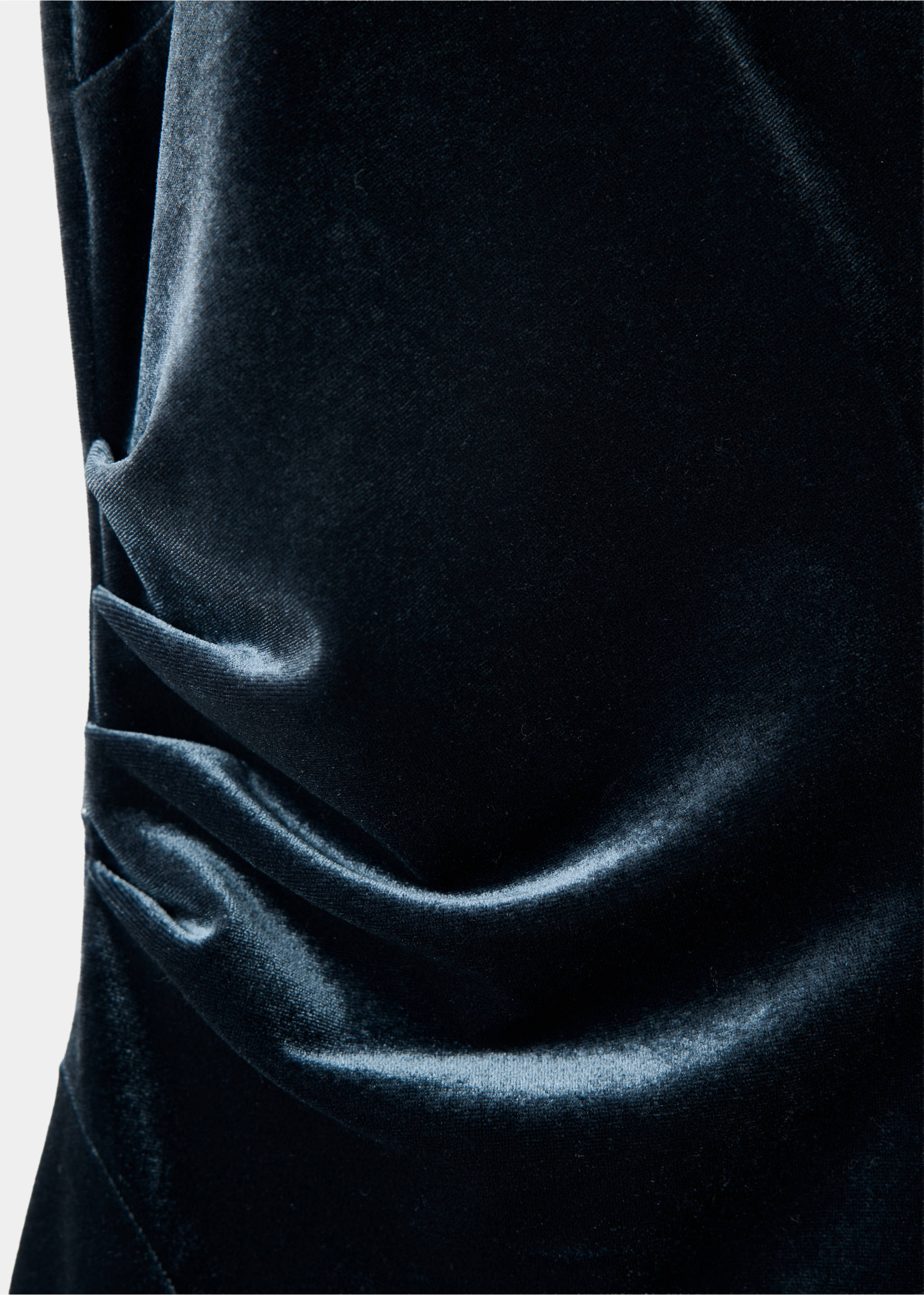 Dark teal velvet dress detail, showing gathered draping., Night Blue. Ref: 37019134-00.