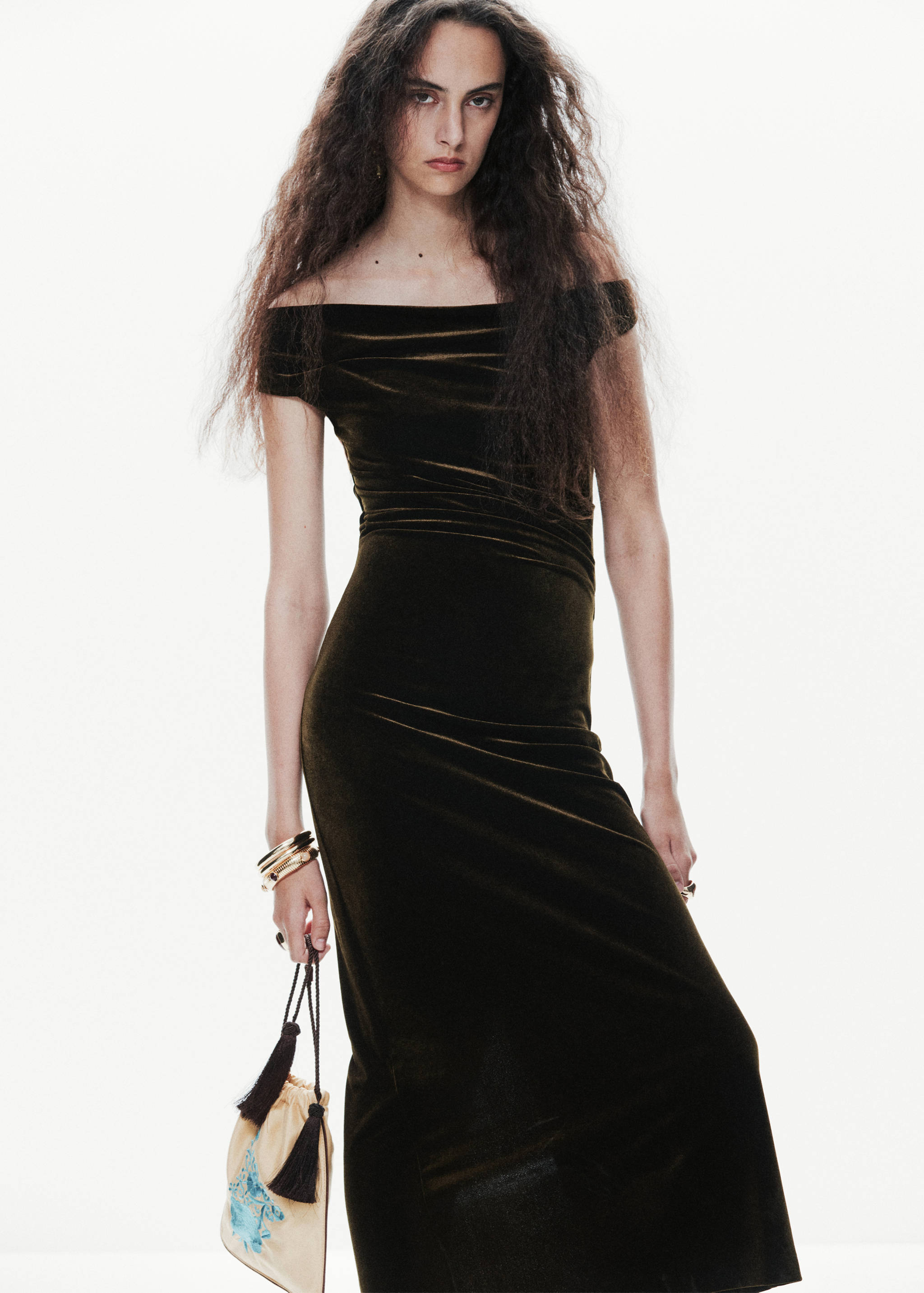 Dark olive green velvet off-the-shoulder midi dress with short sleeves.