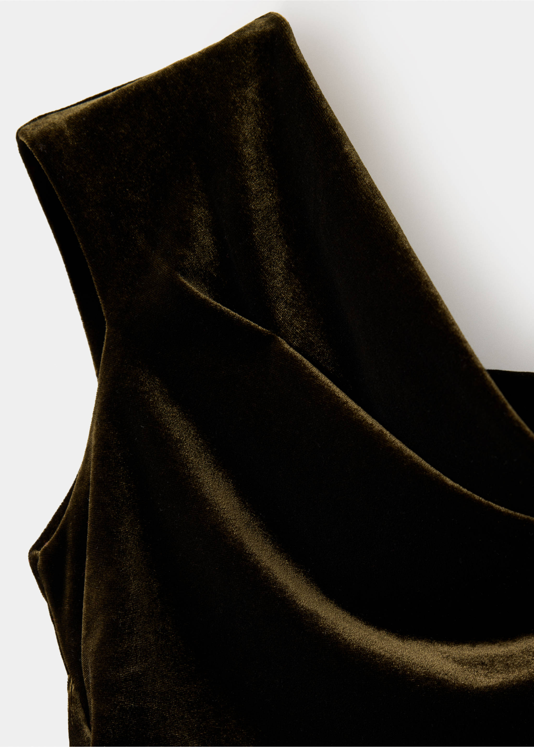 Close-up of an olive green velvet dress with a draped neckline., Olive Green. Ref: 37019135-00.