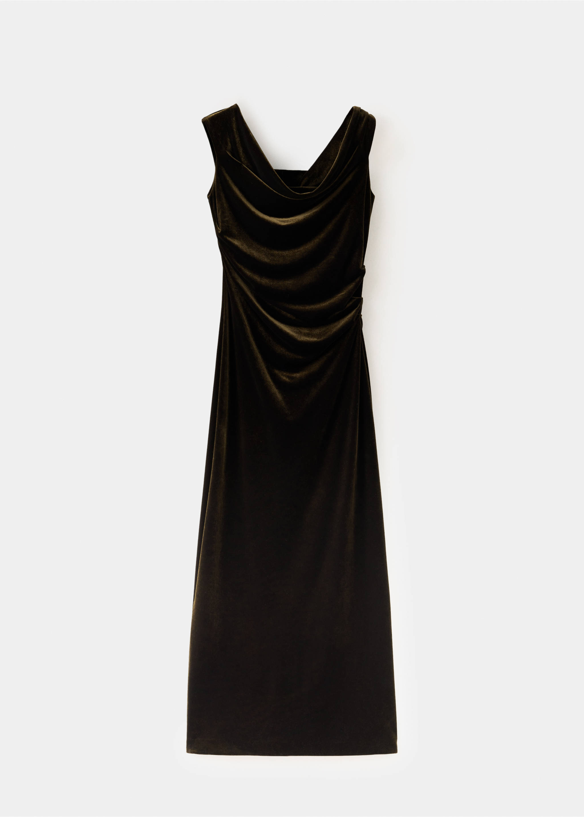 Dark green velvet midi dress with cowl neck and side ruching., Olive Green. Ref: 37019135-00.
