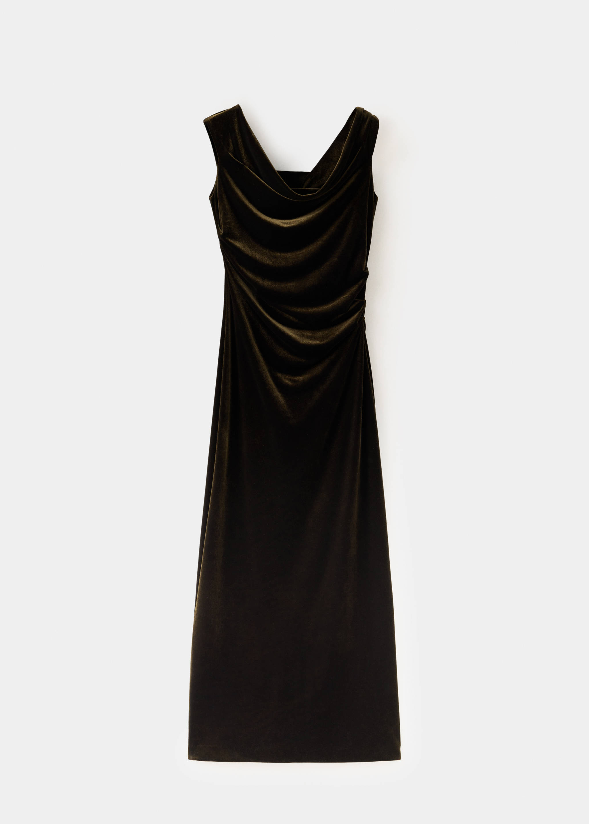 Dark green velvet midi dress with cowl neck and side ruching.