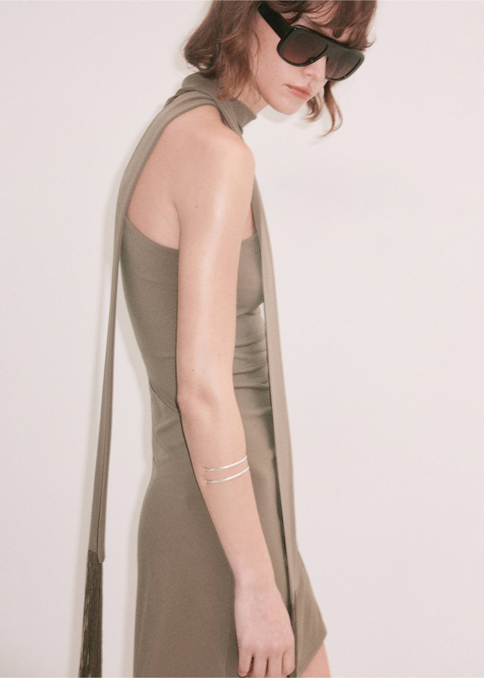 Olive green sleeveless midi dress with an attached scarf detail., Light/Pastel Brown. Ref: 37019138-00.