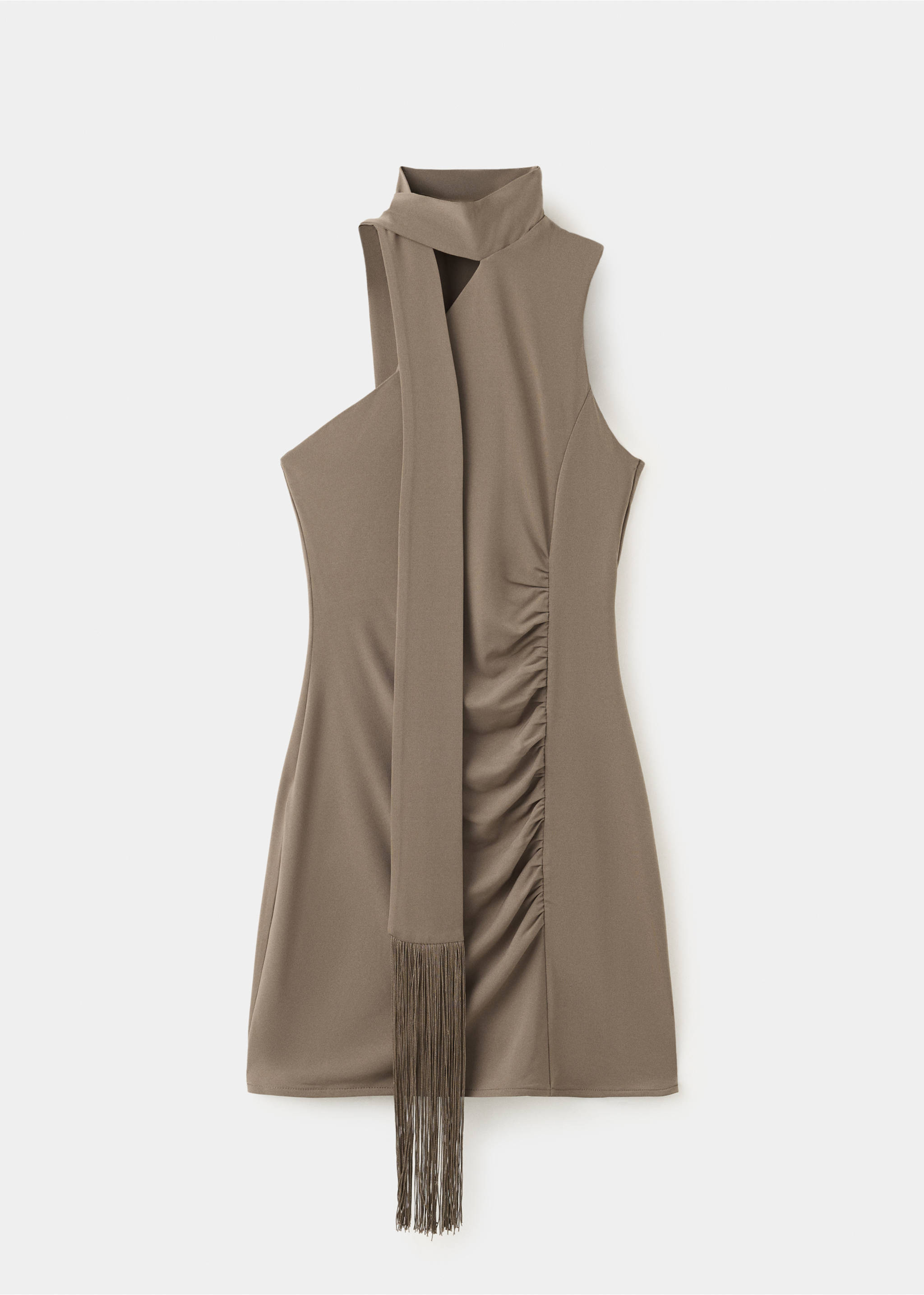 Taupe mini dress with a high neck, draped scarf tie with fringe, and side ruching., Light/Pastel Brown. Ref: 37019138-00.