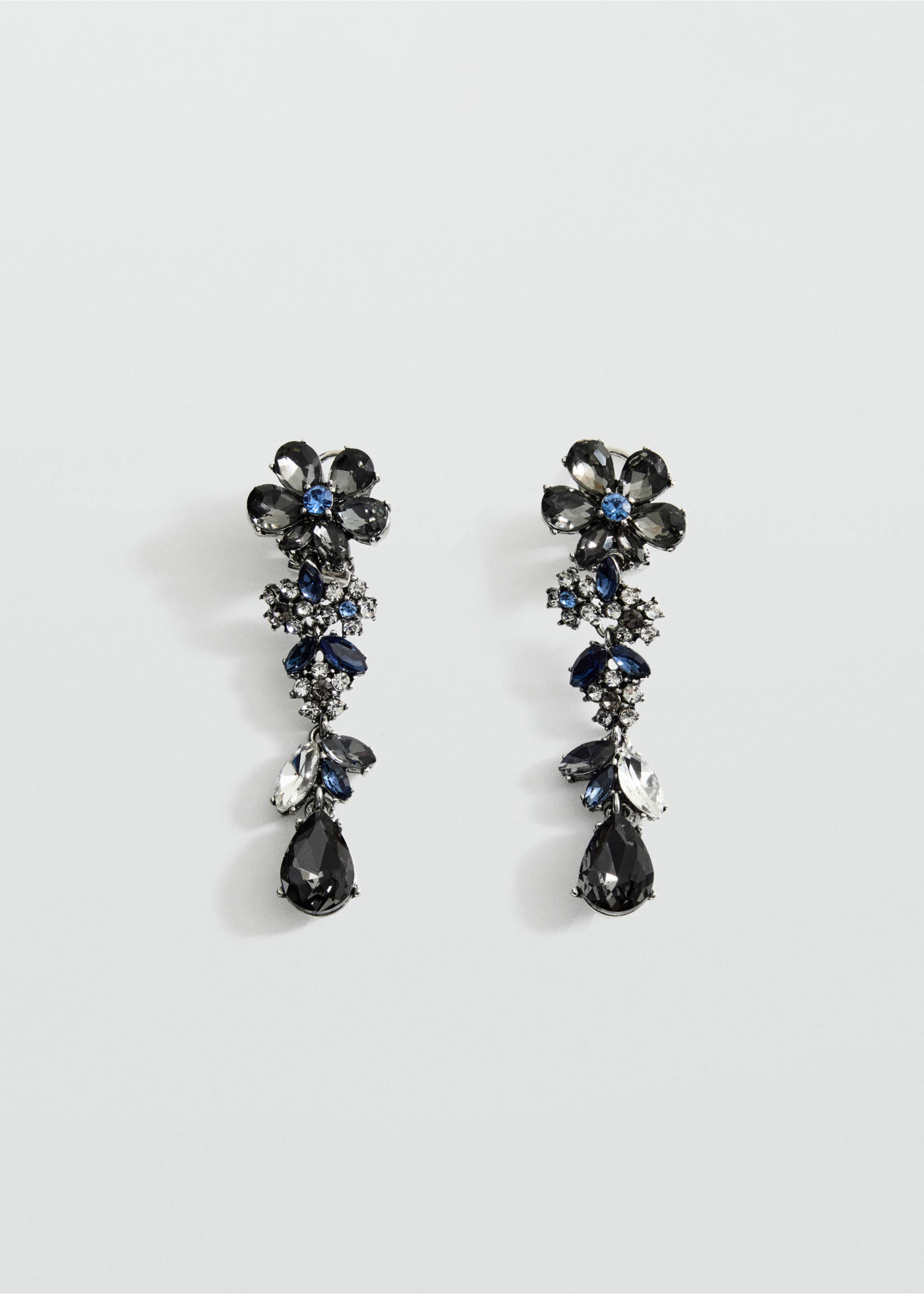 Long decorative earrings with faceted grey, blue, and clear crystals in a floral and teardrop design., Silver. Ref: 37019141-00.