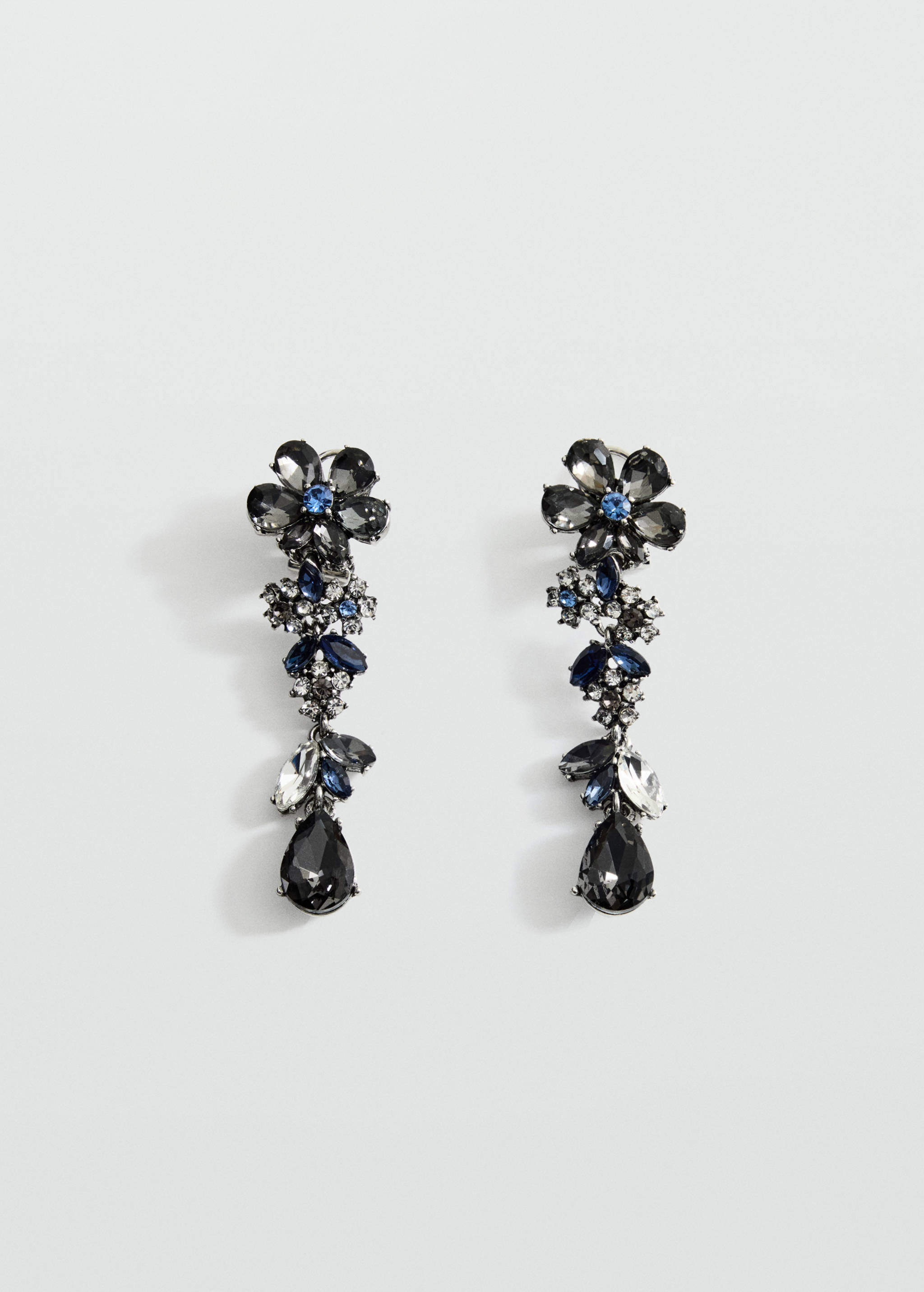 Long decorative earrings with faceted grey, blue, and clear crystals in a floral and teardrop design.