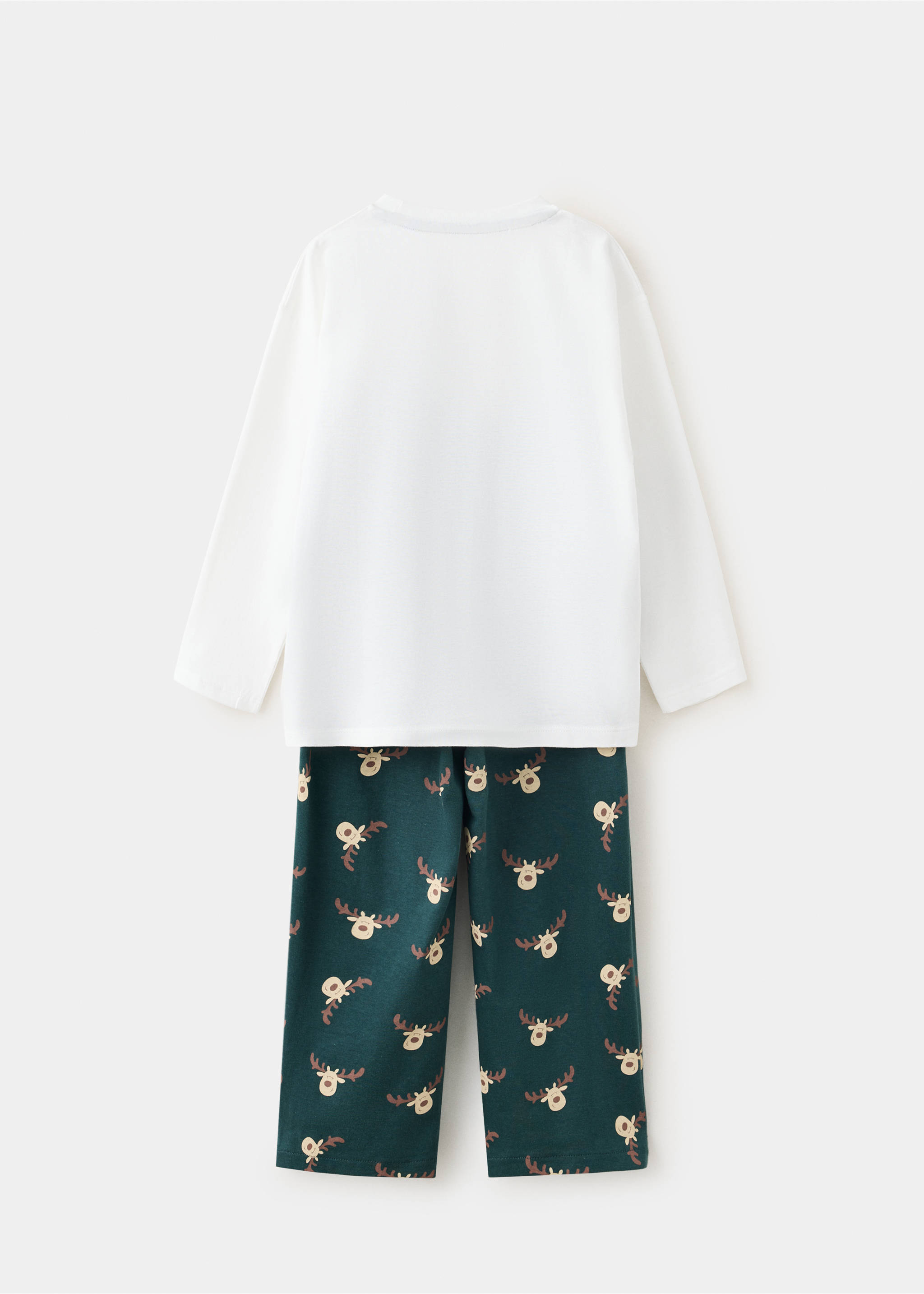 Children's pyjama set with a white top and reindeer print trousers, back view., Dark Green. Ref: 37019210-00.