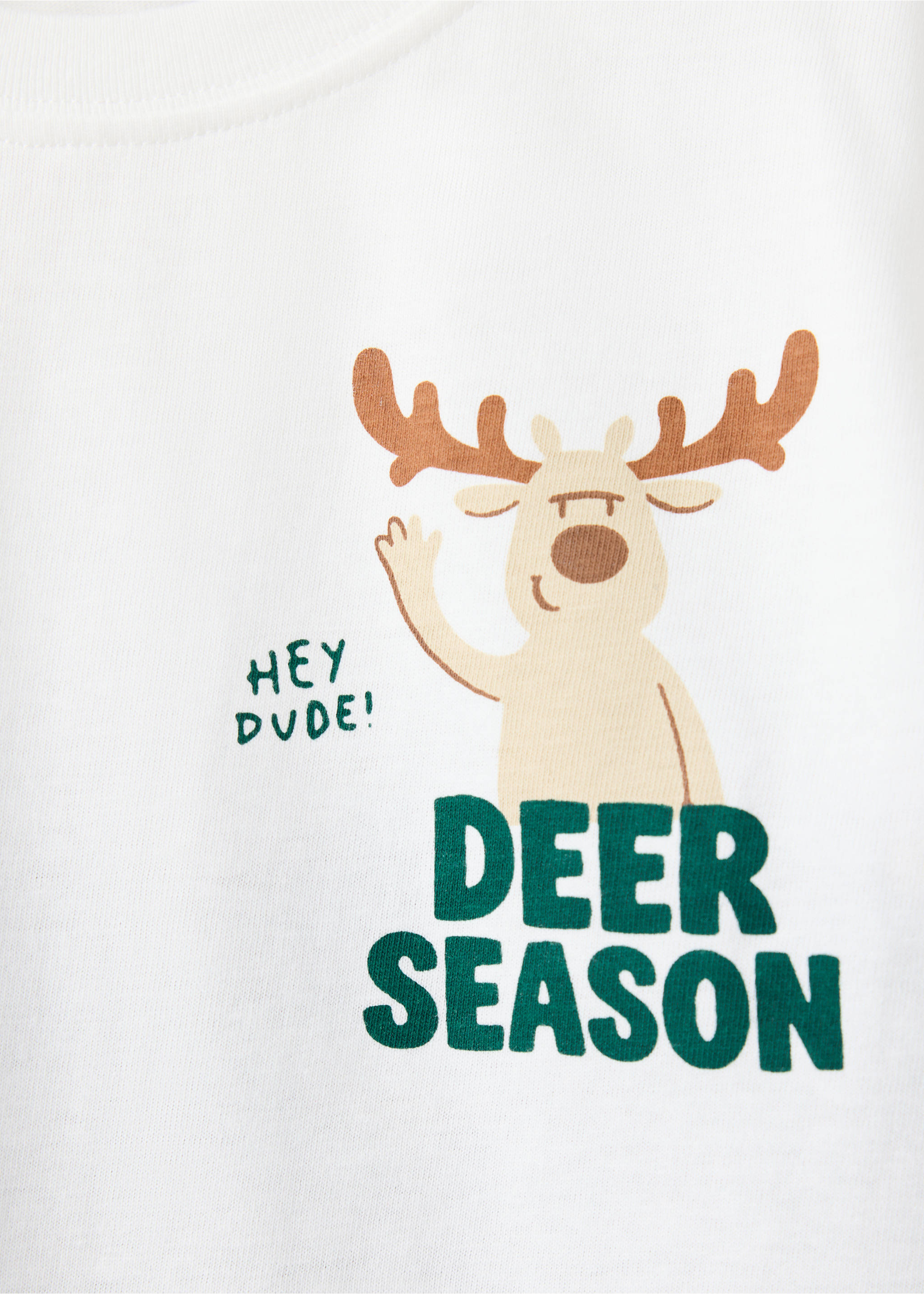 White pyjama top with a cartoon reindeer graphic and 'Deer Season' text., Dark Green. Ref: 37019210-00.
