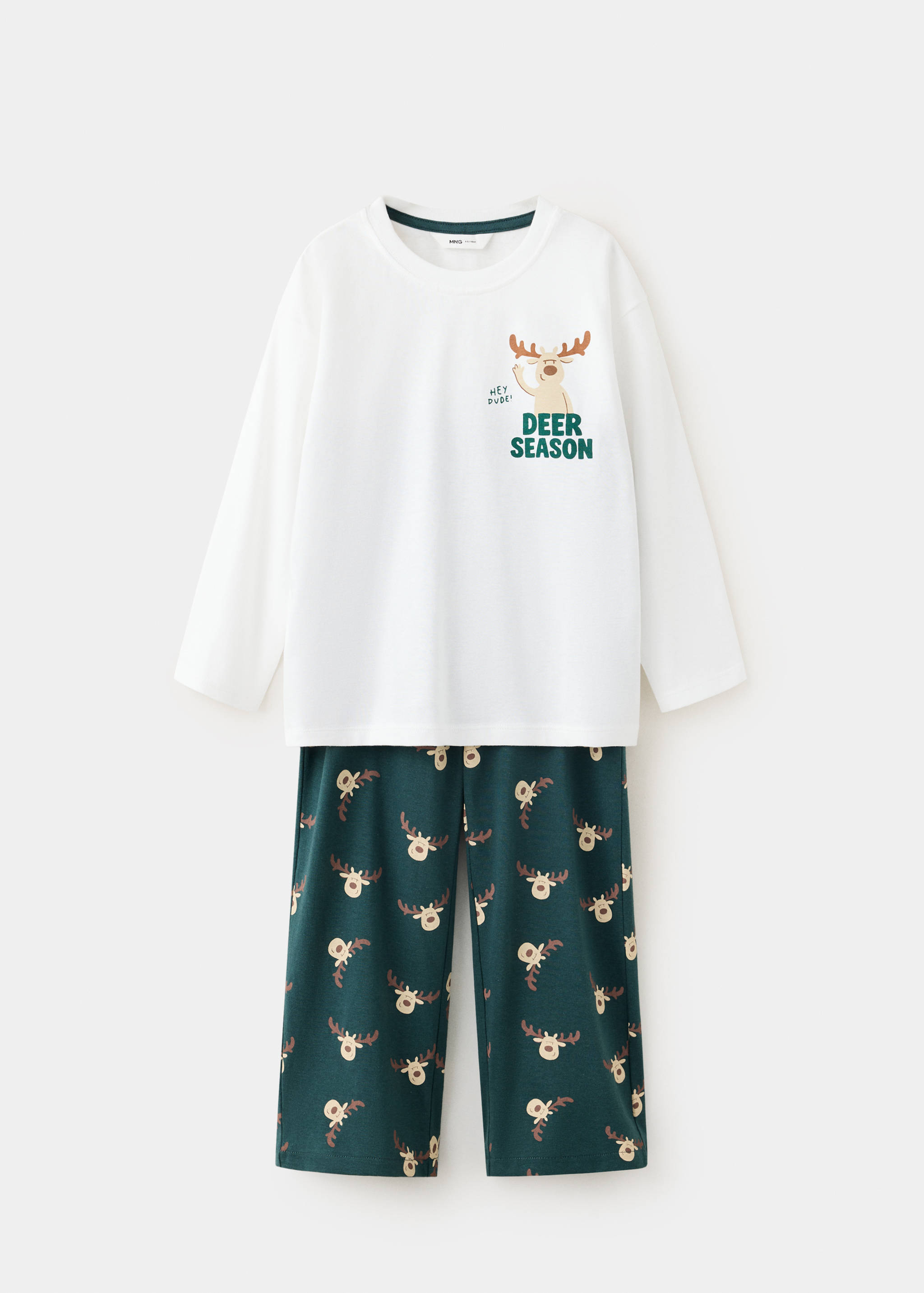 White long-sleeved pyjama top with deer graphic and matching dark green reindeer-print trousers.