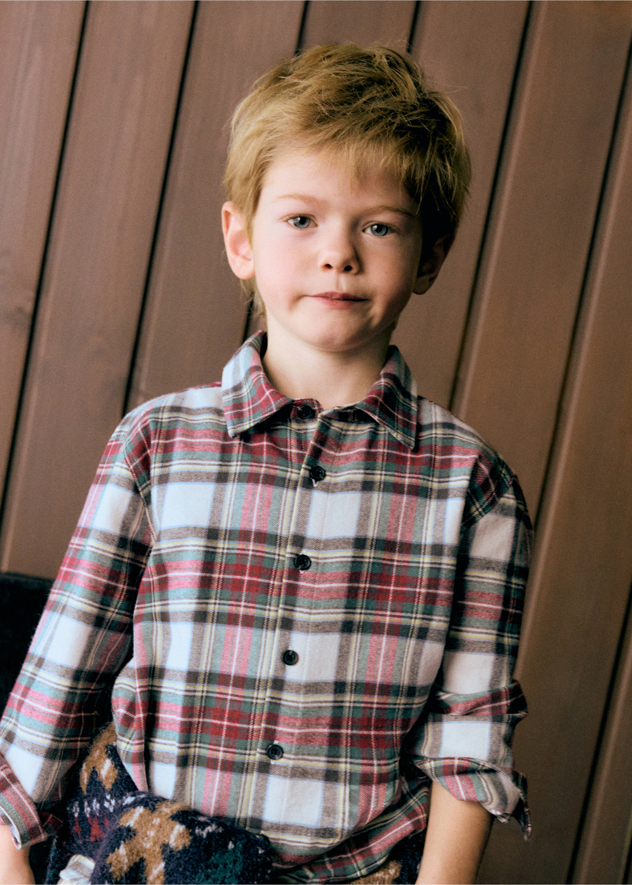 Boys' red, white, and blue plaid long-sleeve shirt with collar., Red. Ref: 37019211-00.
