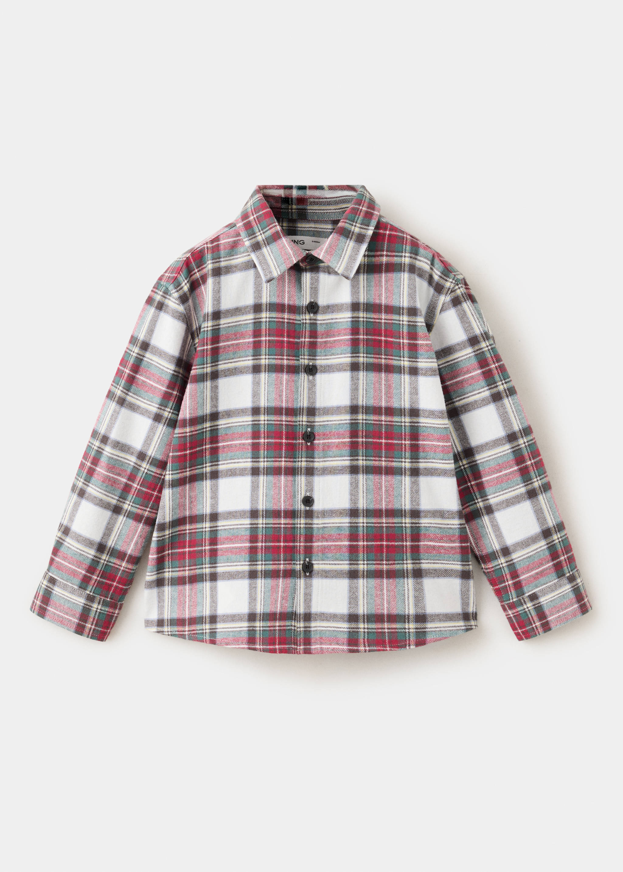 Children's red, green, and white plaid check long-sleeve shirt with a pointed collar and button placket.